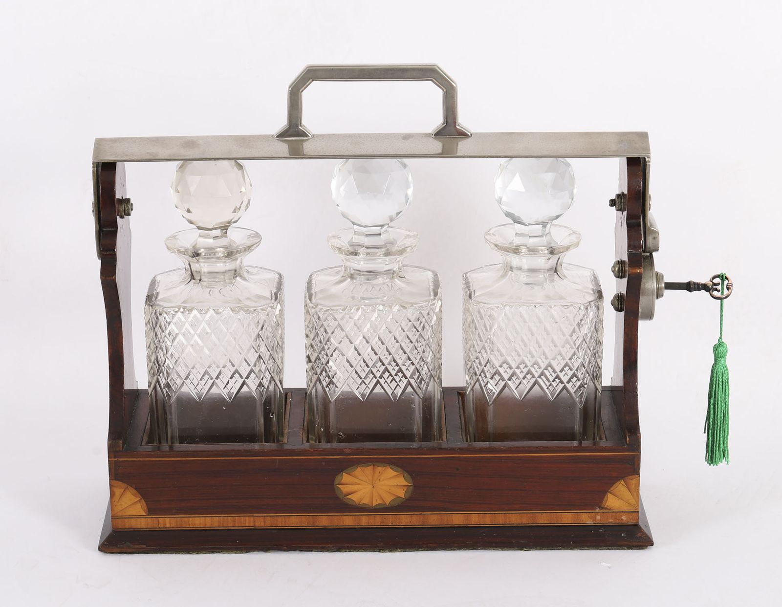 Antique Inlaid Walnut Three Cut  Crystal Decanter Tantalus C1870 19th C photo 975.0