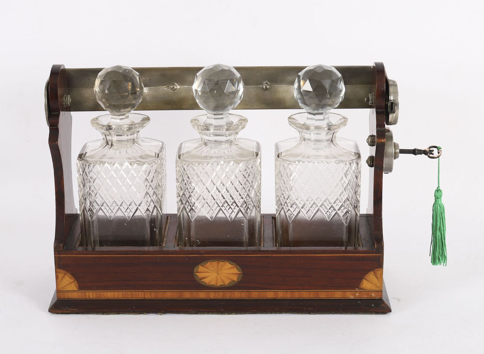 photo for sale Antique Inlaid Walnut Three Cut  Crystal Decanter Tantalus C1870 19th C