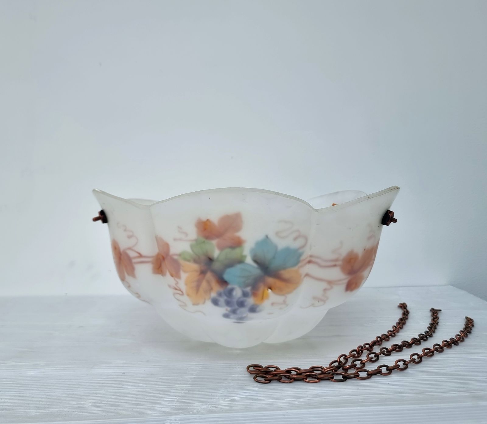Large Art Deco Flycatcher Glass Light Fitting On Chains White Floral 1930s photo Lighting