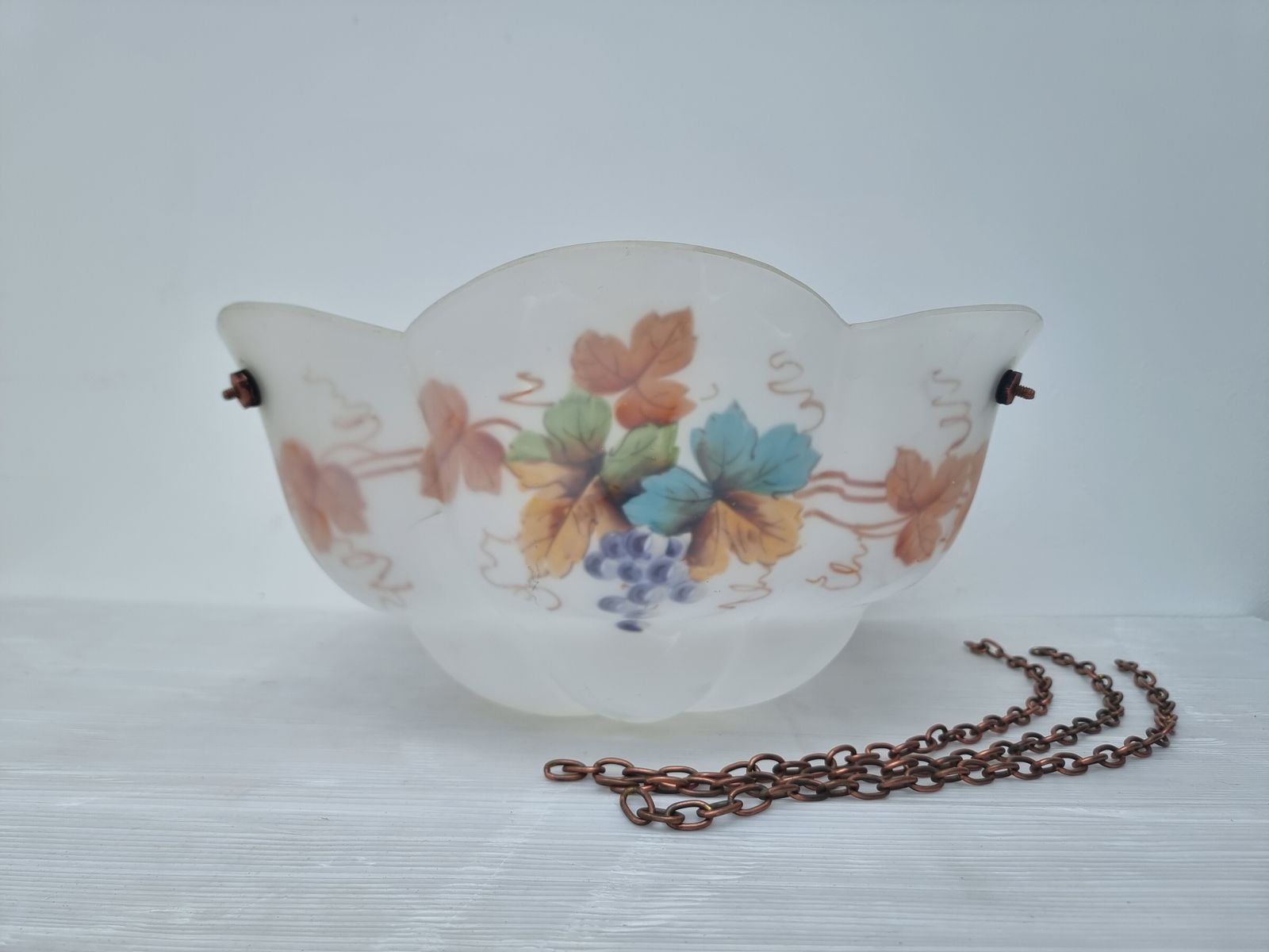 Large Art Deco Flycatcher Glass Light Fitting On Chains White Floral 1930s photo buy
