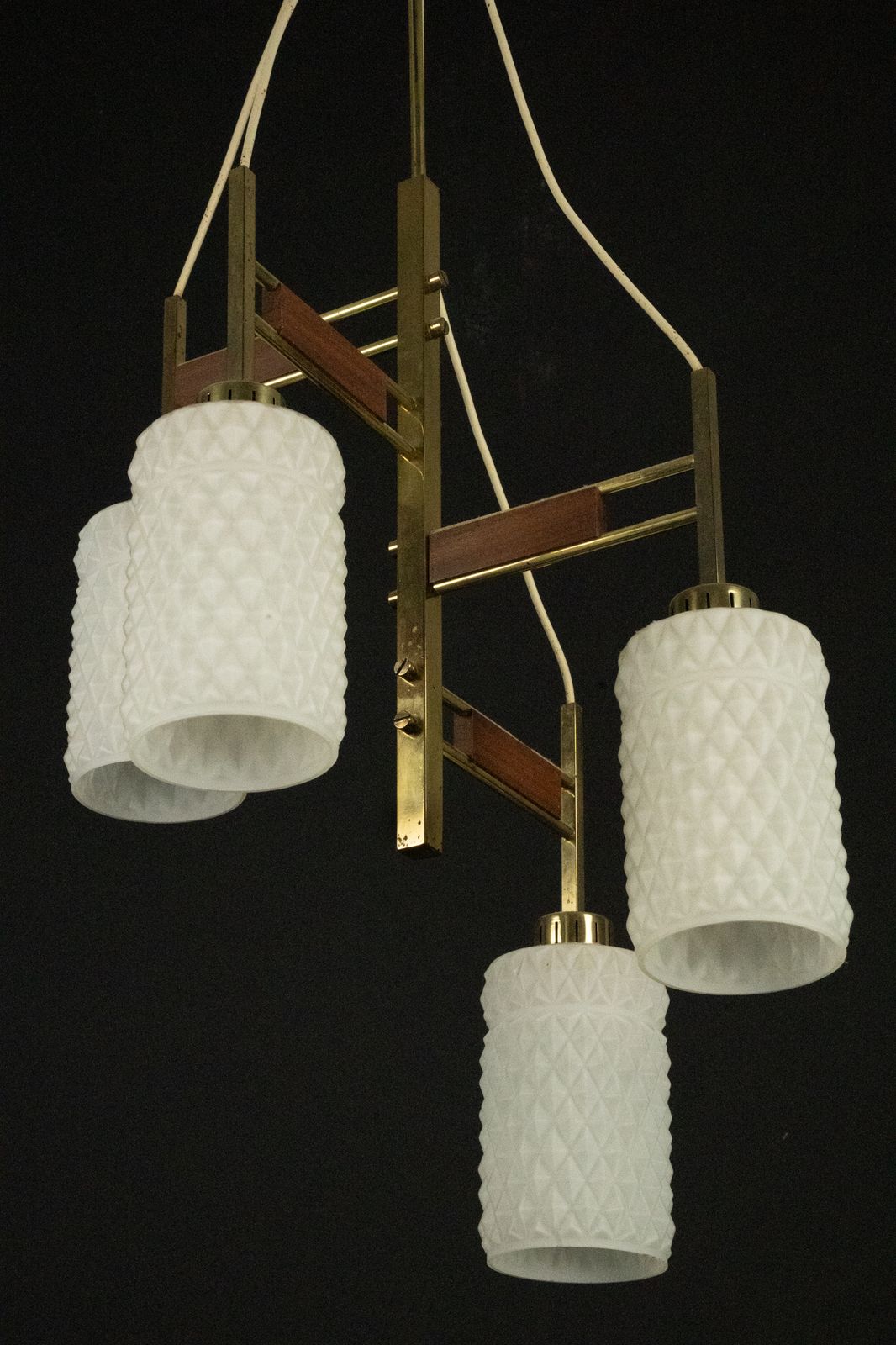 photo for sale Mid Century Modern Brass & Glass Chandelier In Stilnovo Style, Italy 1950s