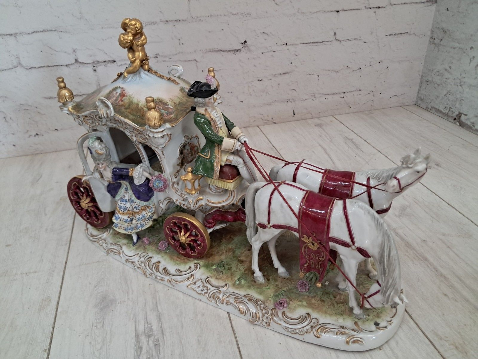 Vintage German Scheibe Alsbach Porcelain Horse & Carriage Figurine Large Rococo photo vinterior