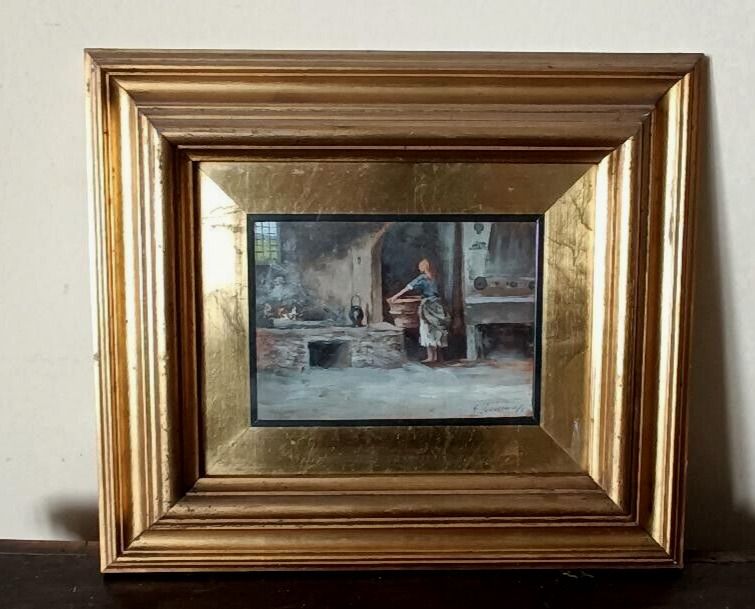 Oil On Tablet "The Laundress" Gino Tommasi (1880 1942), First 20th Century