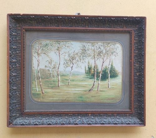 Antique 19th Century Country Landscape Painting Original Pill Frame
