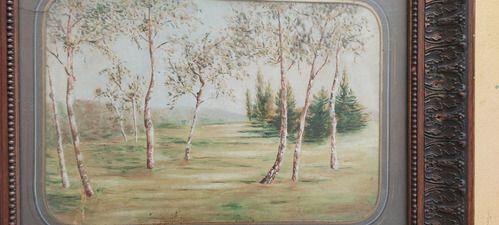 Antique 19th Century Country Landscape Painting Original Pill Frame photo Art