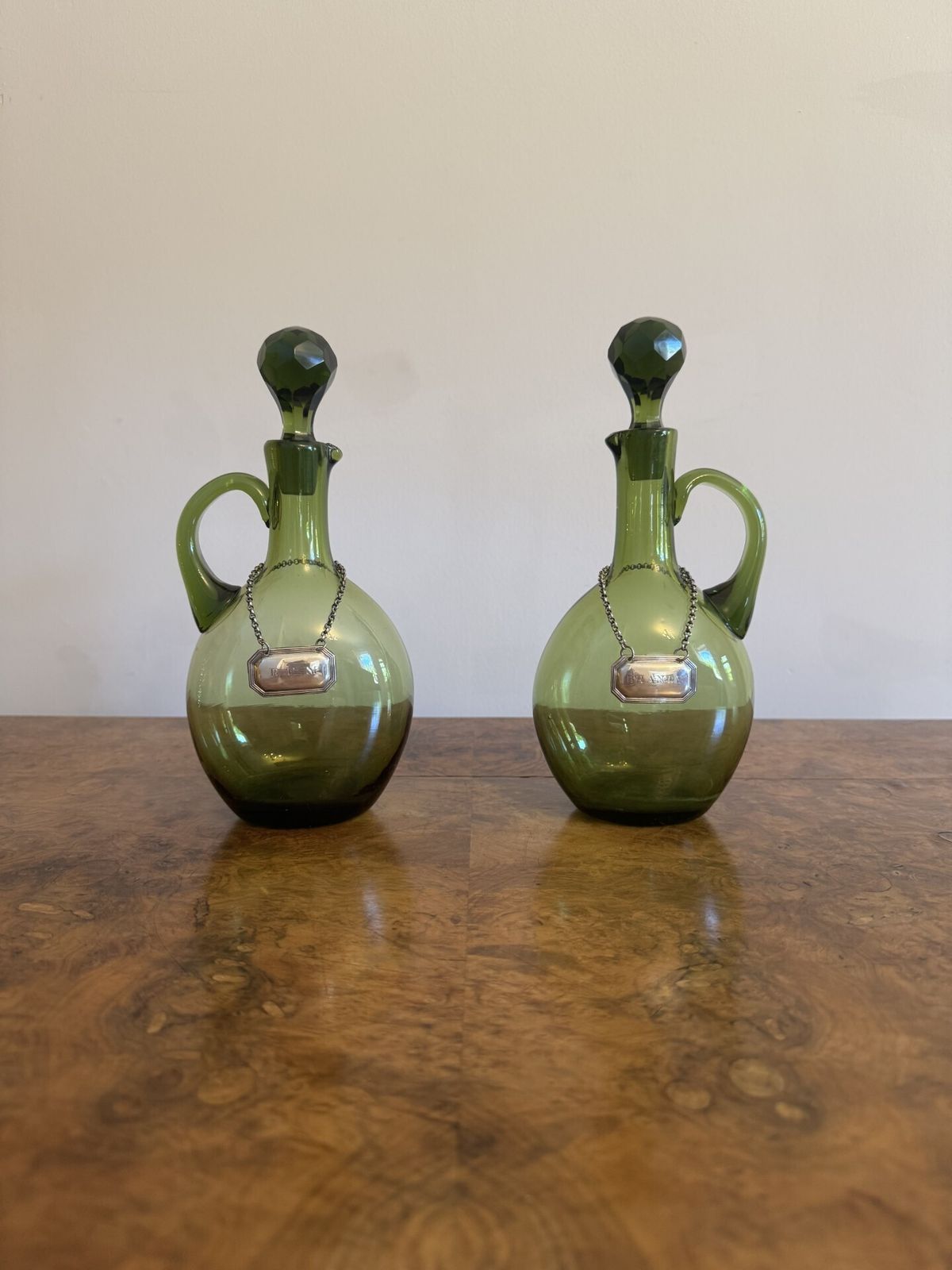 Fine Quality Pair Of Victorian Green Glass Spirit Decanters
