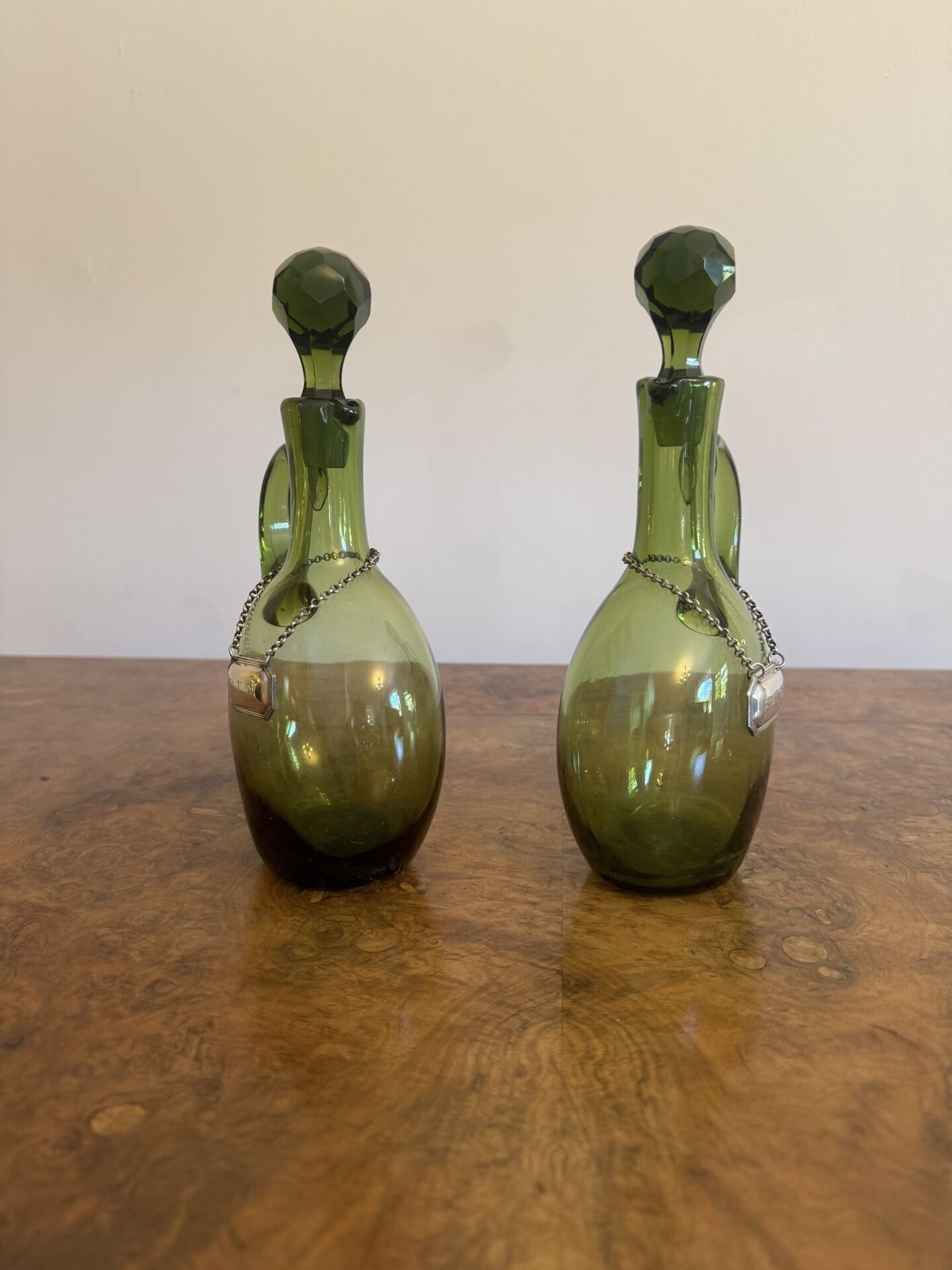 Fine Quality Pair Of Victorian Green Glass Spirit Decanters photo vinterior