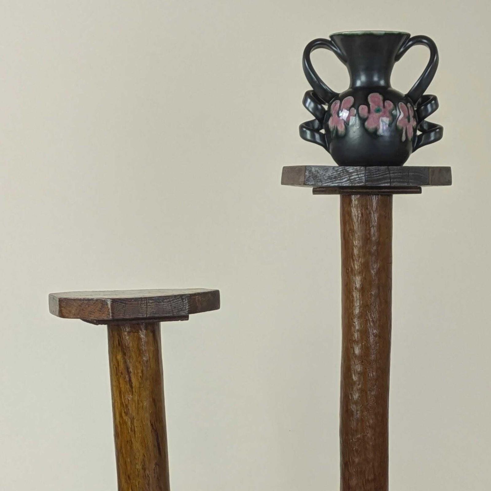 Antique French Folk Primitive Art Wood Pedestal Stands Pair Rustic Decor Early 20th Century Display Tree Trunk Branch Flower Pot Plant Stand photo Home Decor