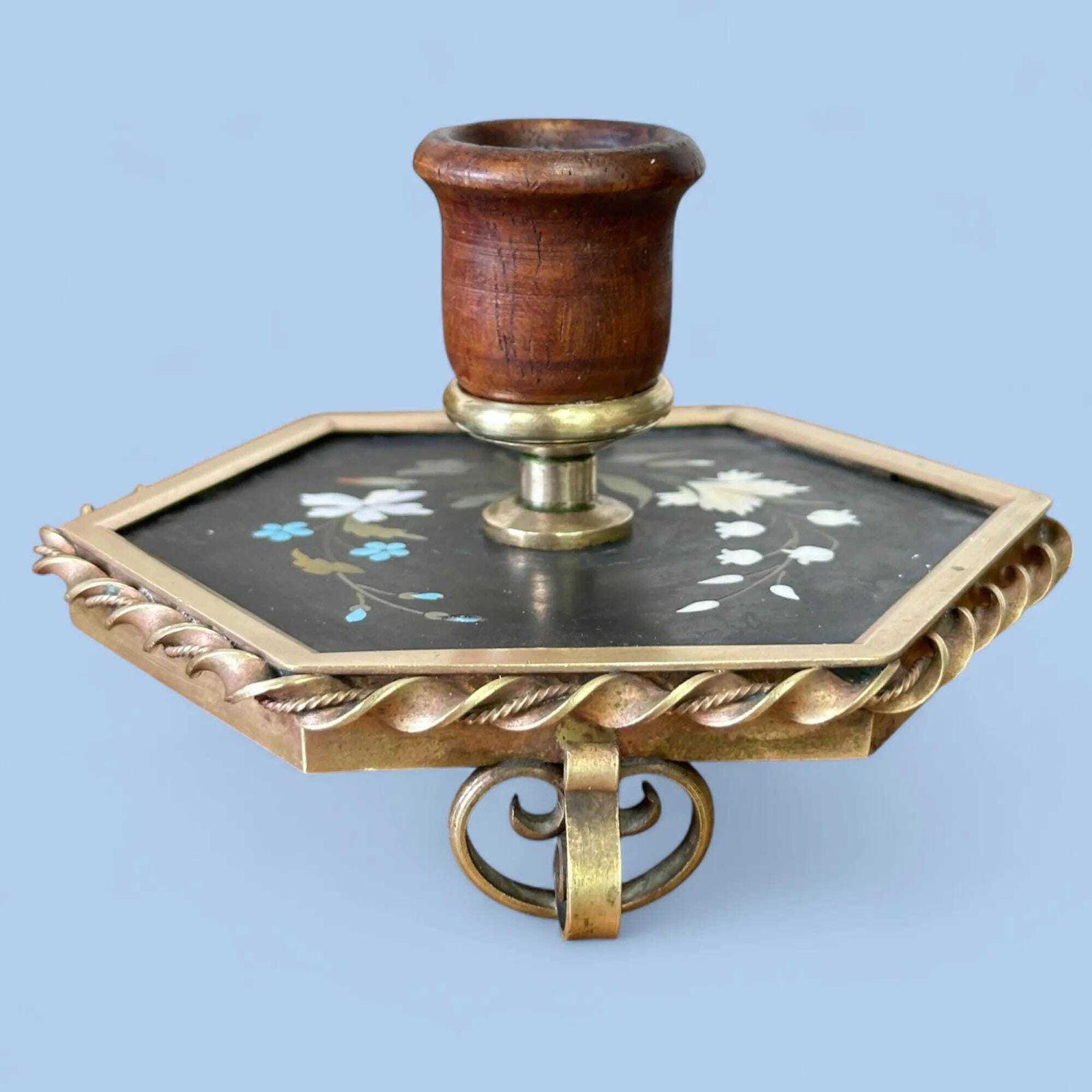 Rare 19th Century French Pietra Dura Chamberstick, Floral Inlay Brass Candle Holder photo furniture