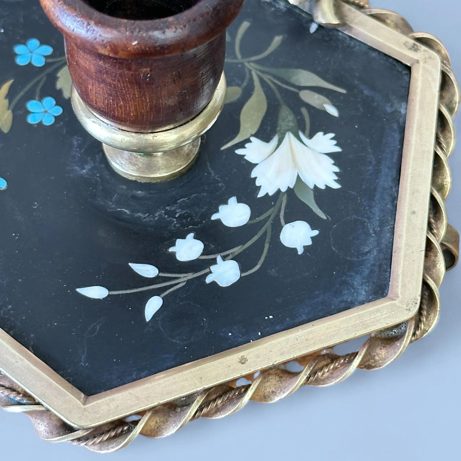Rare 19th Century French Pietra Dura Chamberstick, Floral Inlay Brass Candle Holder photo Home Decor