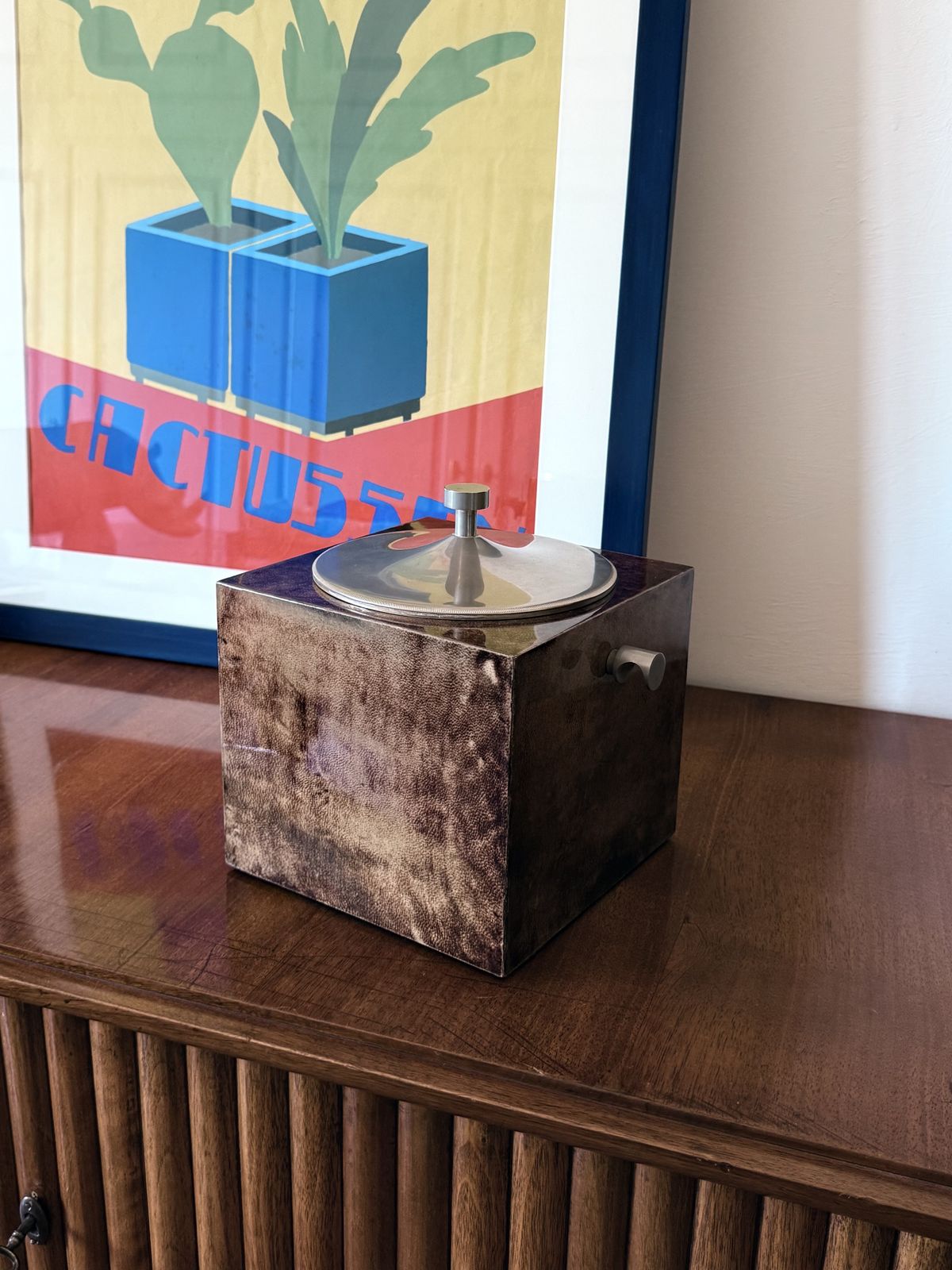 Mid Century Brown Parchment Ice Bucket, Aldo Tura Italy 1950s photo furniture