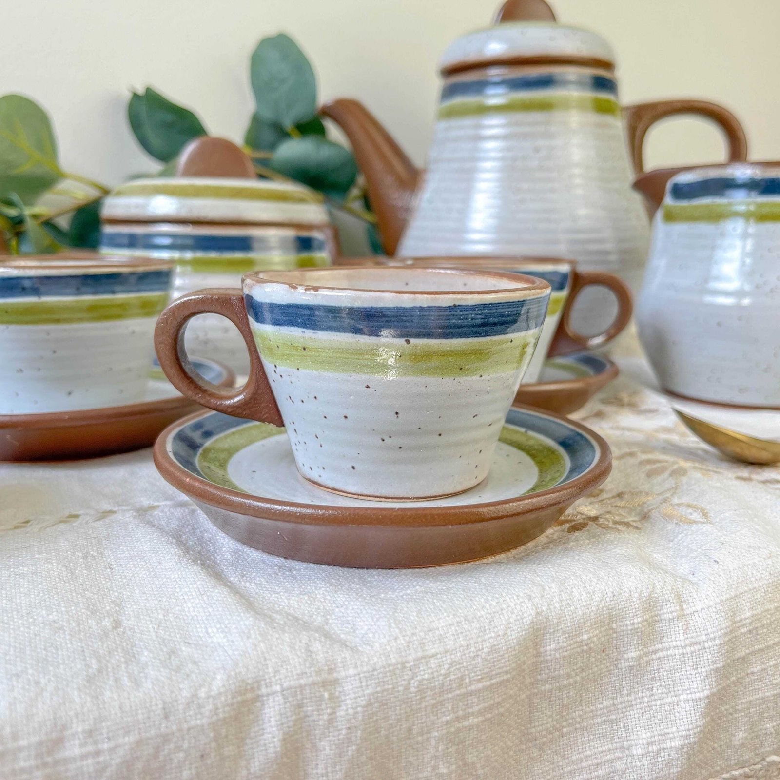 Vintage 1950s Speckled Stoneware Coffee Set In Gray With Green And Blue Stripes   Vintage Stoneware Coffee Cups   Vintage Stoneware Teapot photo Home Decor
