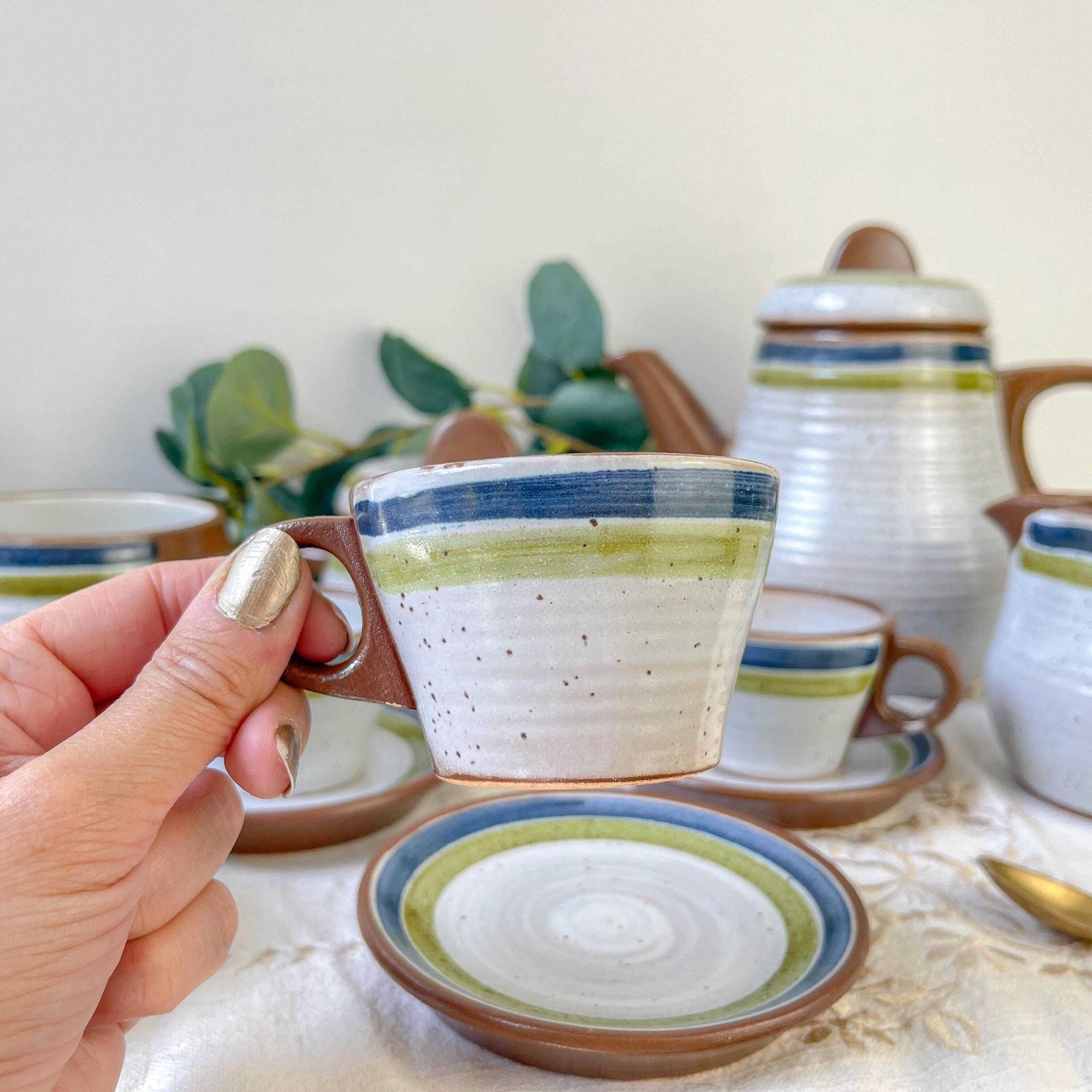 Vintage 1950s Speckled Stoneware Coffee Set In Gray With Green And Blue Stripes   Vintage Stoneware Coffee Cups   Vintage Stoneware Teapot photo 129.0
