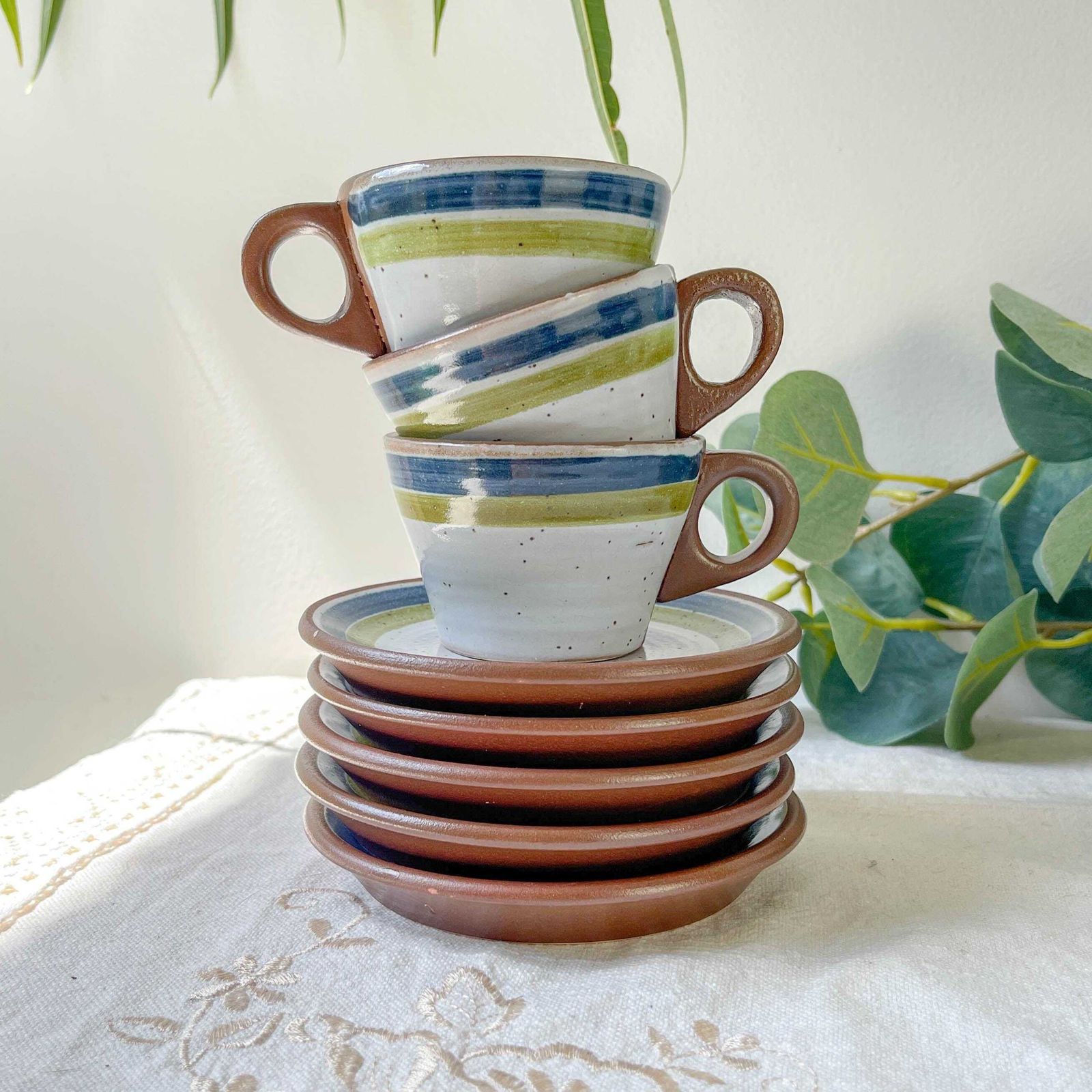 Vintage 1950s Speckled Stoneware Coffee Set In Gray With Green And Blue Stripes   Vintage Stoneware Coffee Cups   Vintage Stoneware Teapot photo vintage