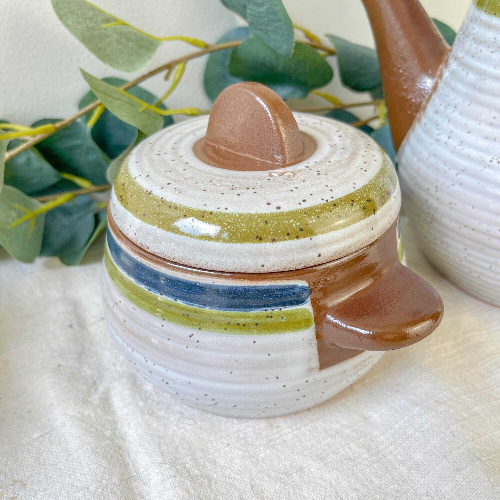 photo for sale Vintage 1950s Speckled Stoneware Coffee Set In Gray With Green And Blue Stripes   Vintage Stoneware Coffee Cups   Vintage Stoneware Teapot