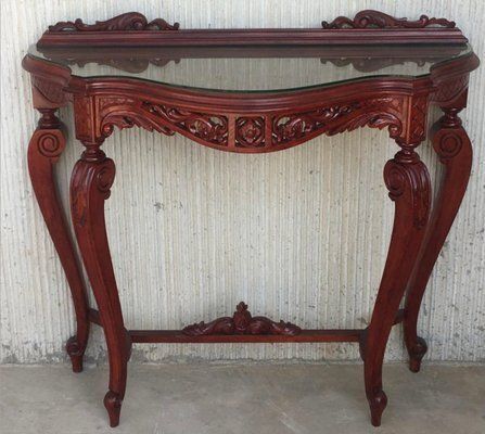 Vintage Rococo Style Italian Console Table In Mahogany With Glass Top, 1960s photo furniture