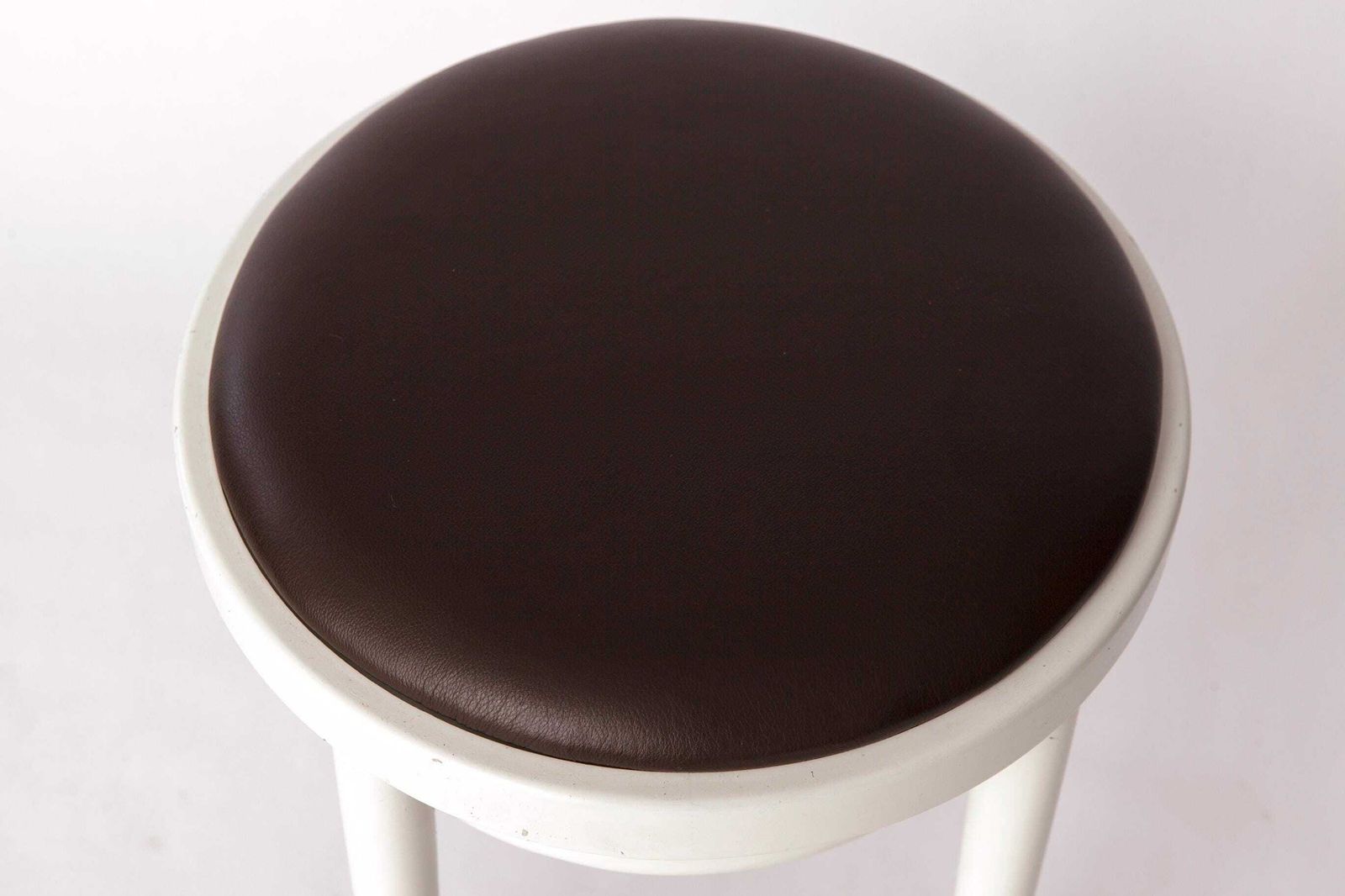 Vintage Thonet Stool – White Lacquered Wood & Brown Leather – 1990s 2000s photo 227.0