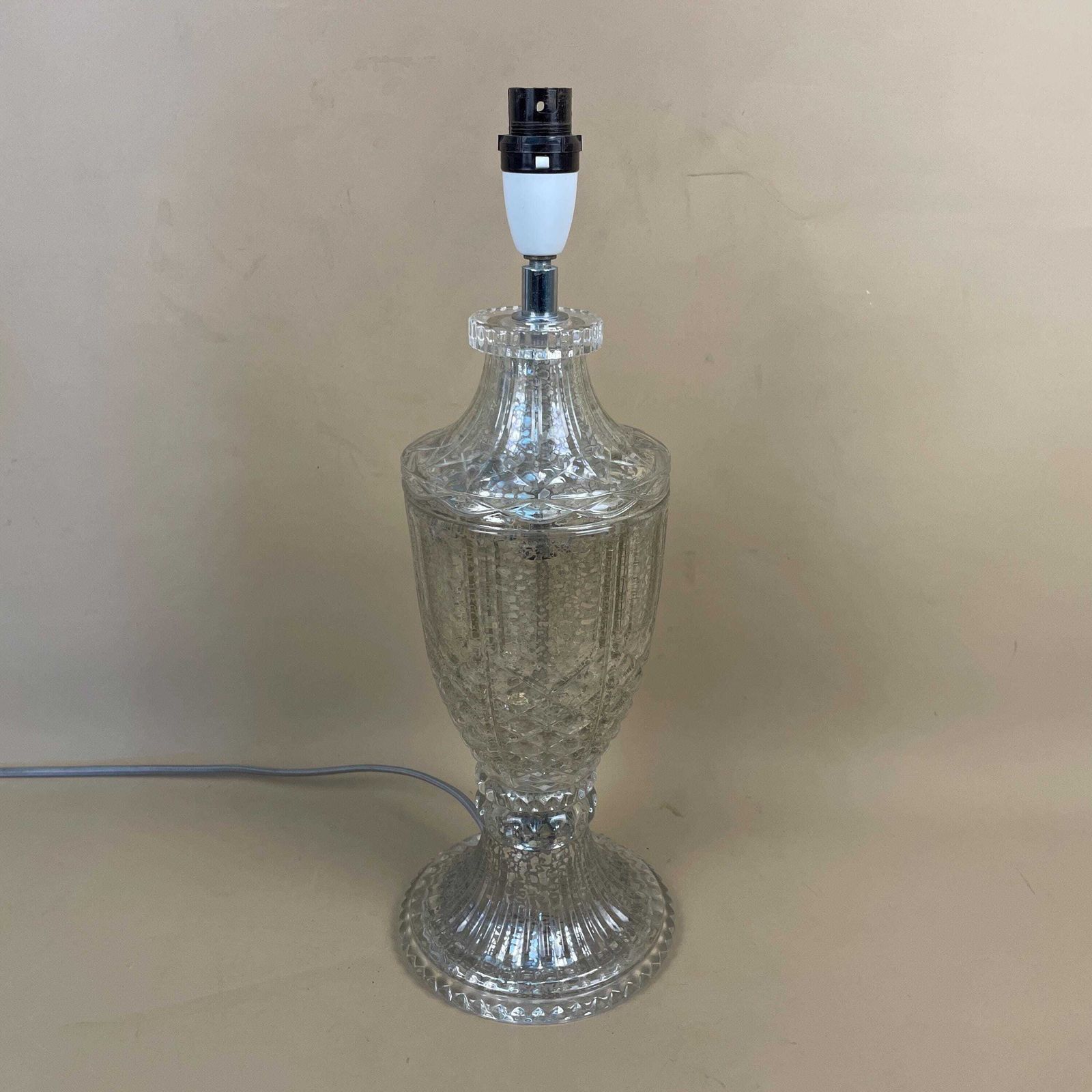 Vintage Glass Lamp Light Bedside Table Desk Vase Medium Interior Clear Silver Speckled Mottled Finish Design Cottage Modern Classic