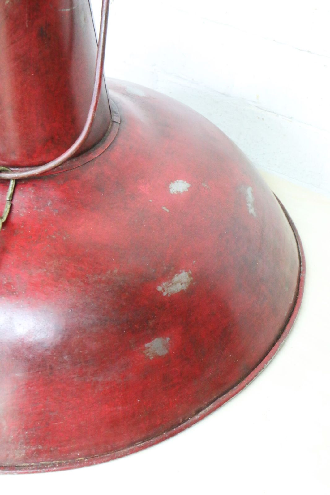 photo for sale A Vintage Island Kitchen Ceiling Light Large Metal Lampshade With A Distressed Burnt Red Colour