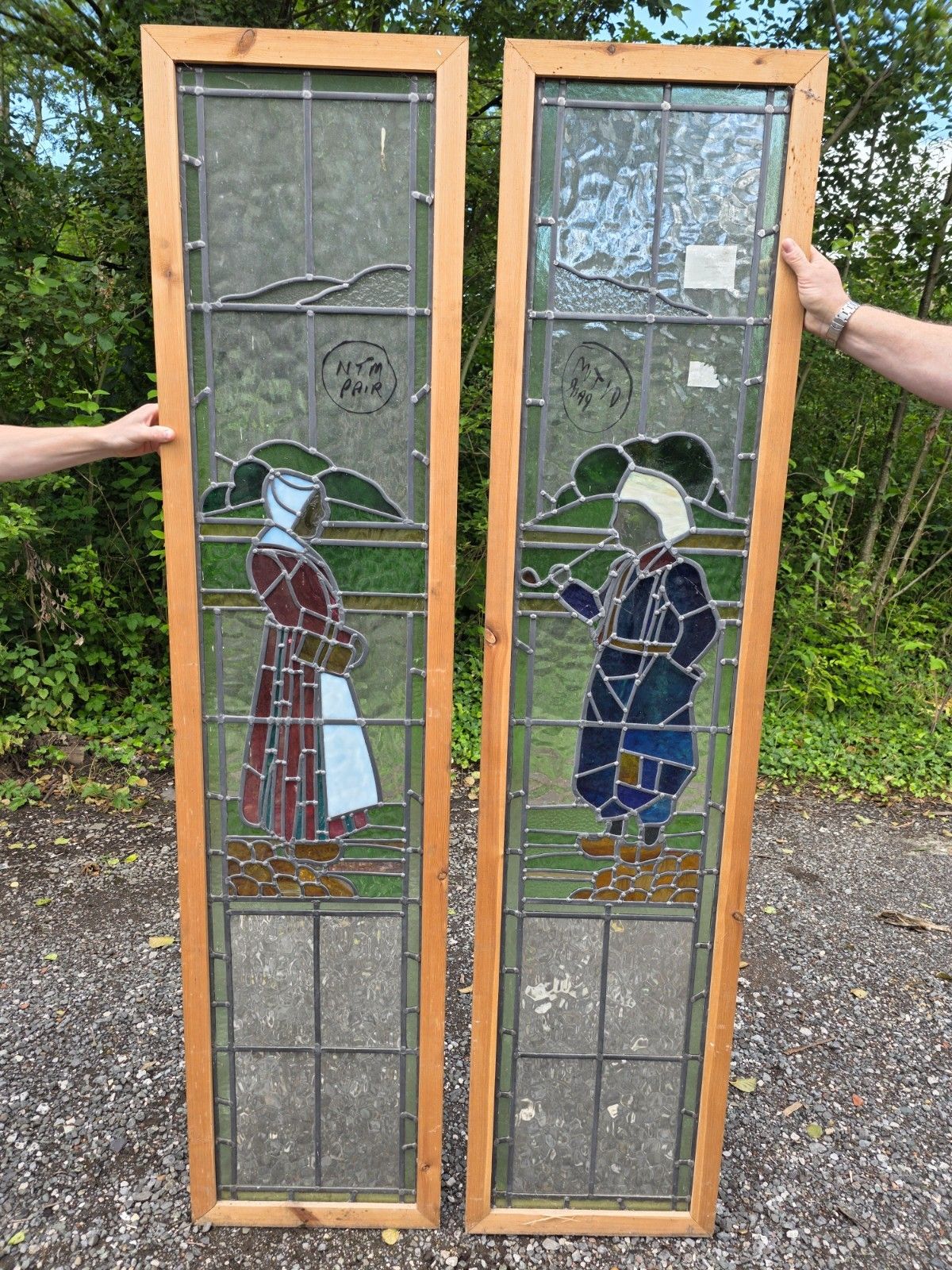 1930 Antique Leaded Glass Window With Dutch Boy And Girl Design