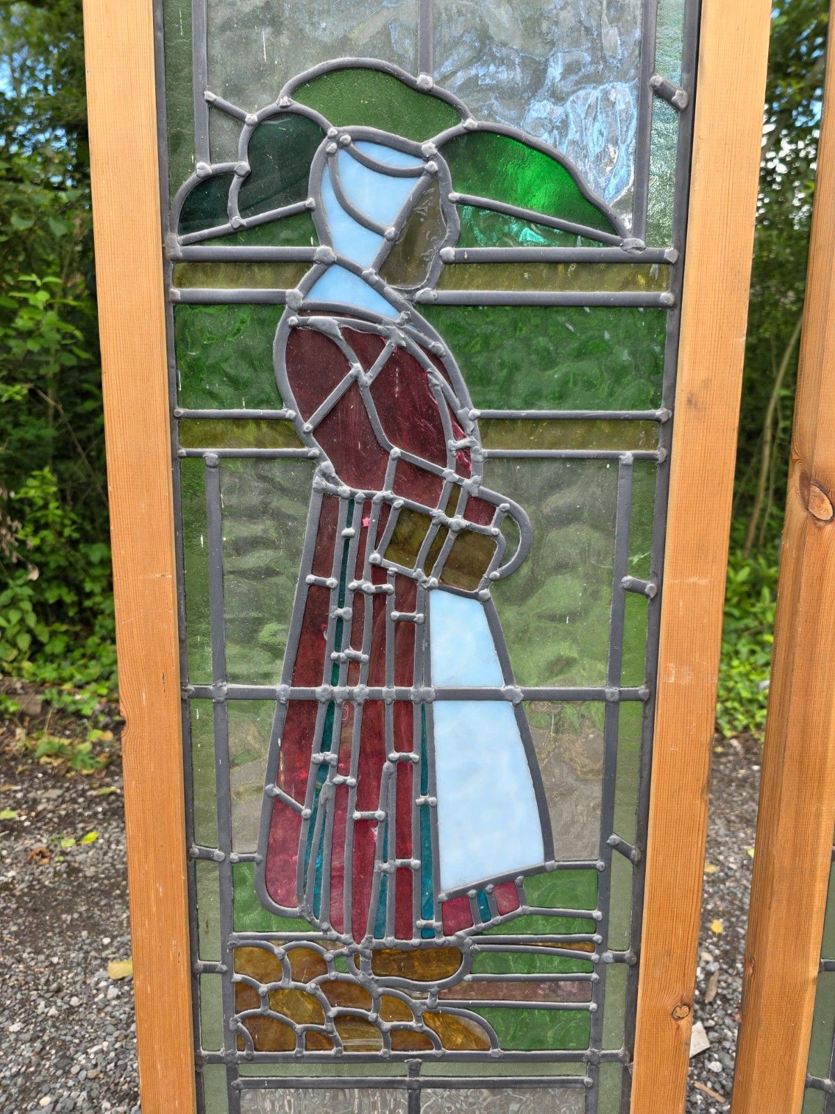 1930 Antique Leaded Glass Window With Dutch Boy And Girl Design photo for sale