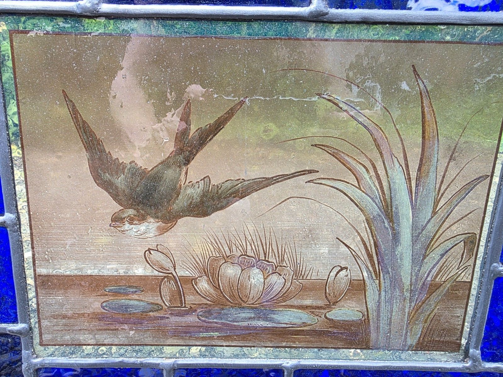 1900 Antique Leaded Glass Window With Bird On Flight Design photo Home Decor