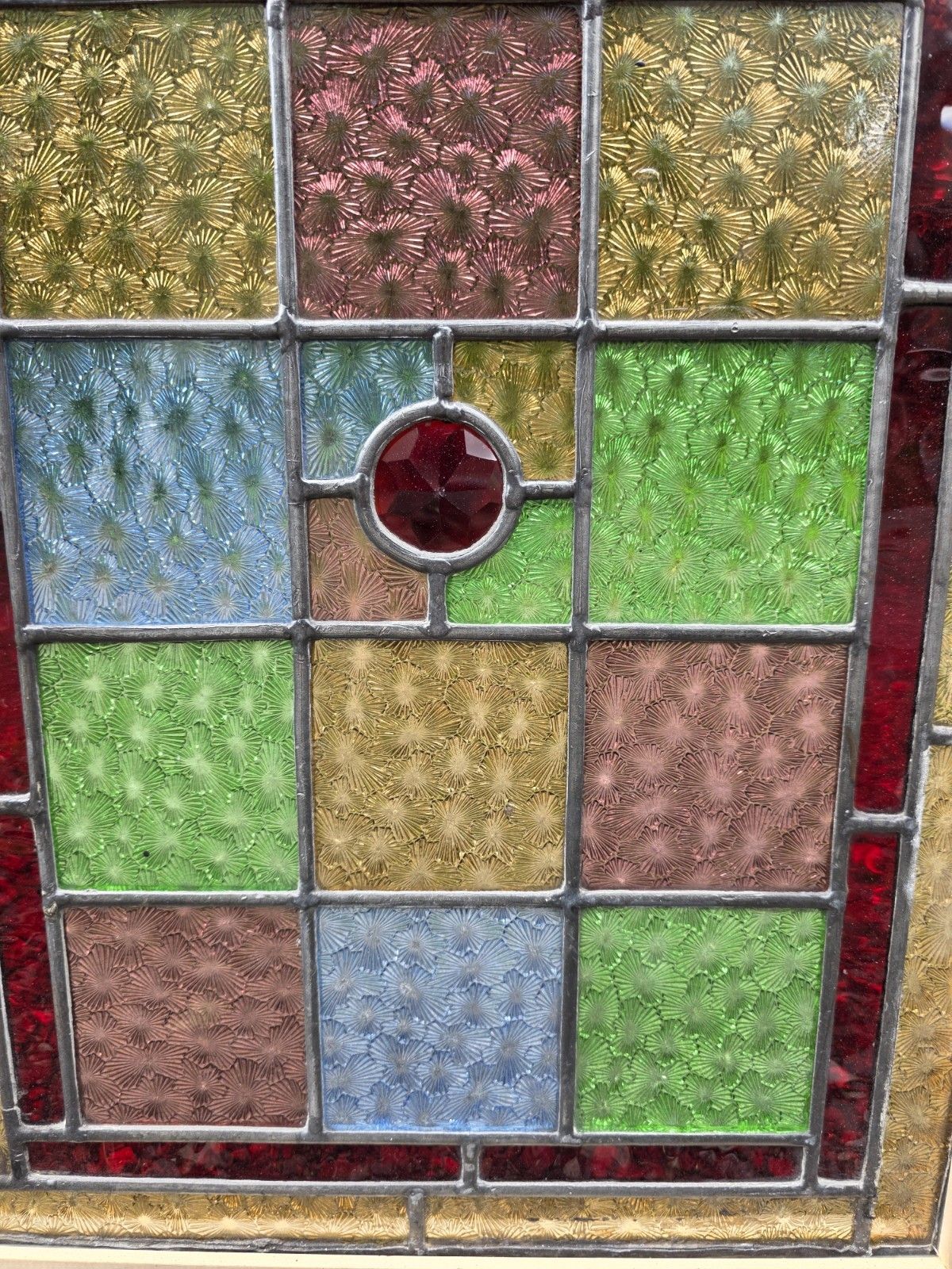 1900 Antique Leaded Glass Window With Countryside Scene photo for sale
