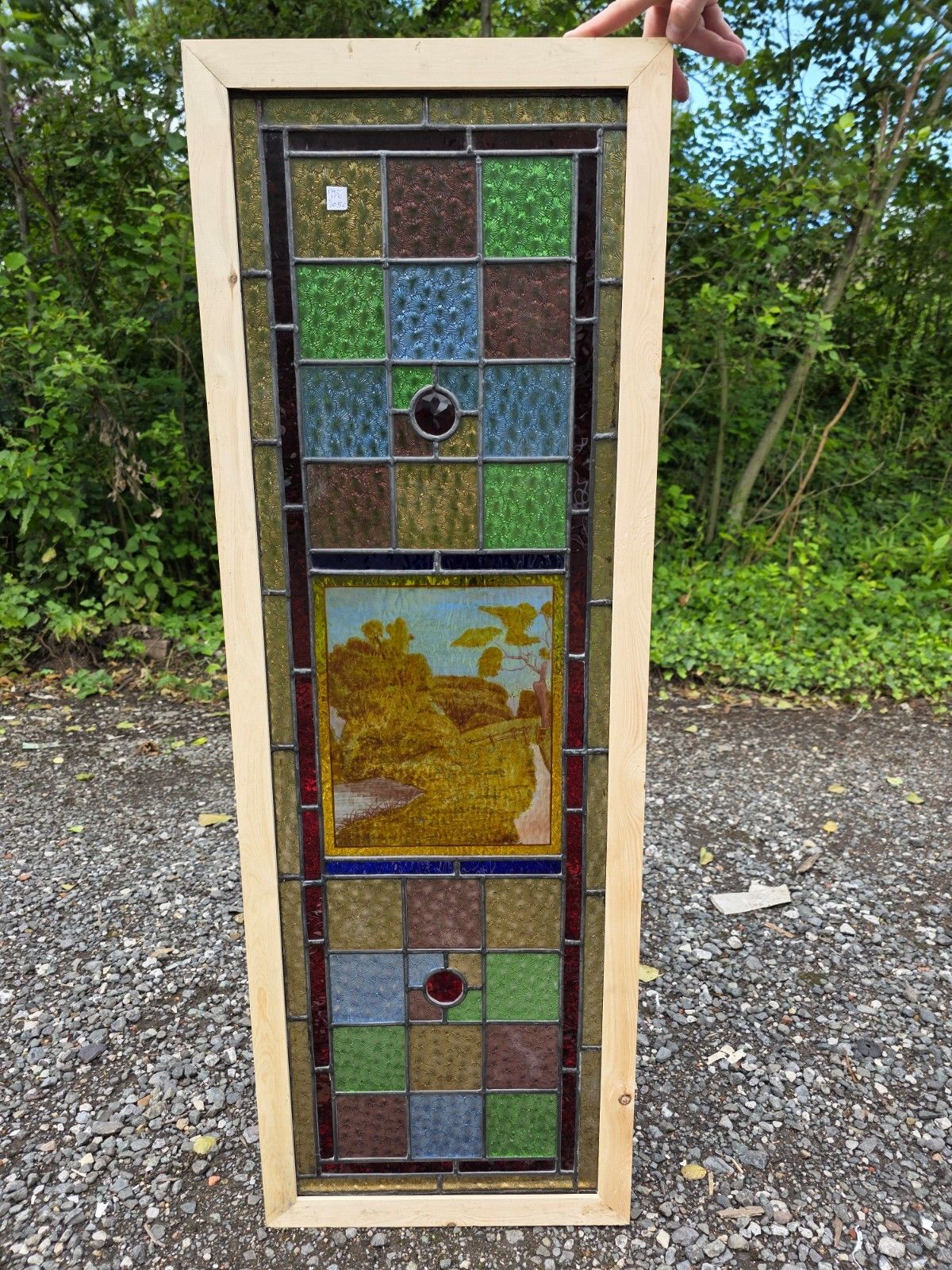 1900 Antique Leaded Glass Window With Countryside Scene photo Art