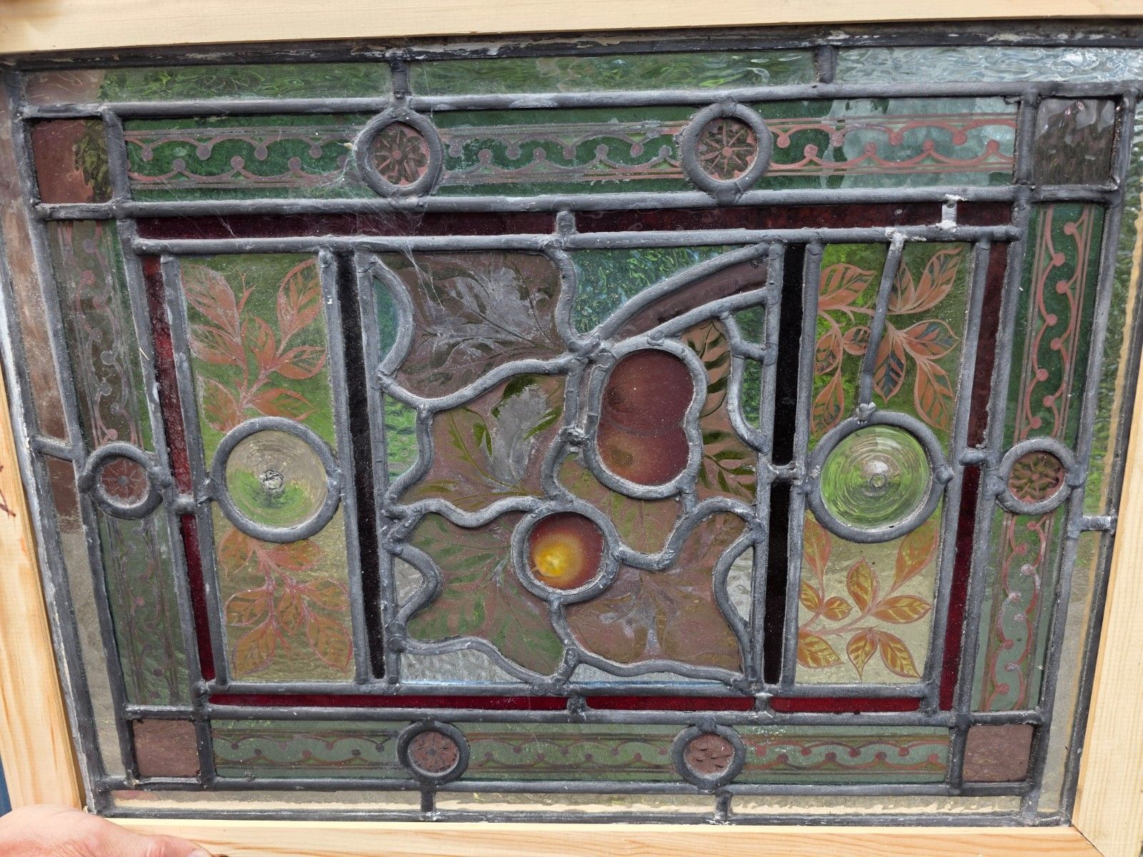 1890 Antique Leaded Glass Window With Hand Painted Fruit Design And Clear... photo furniture