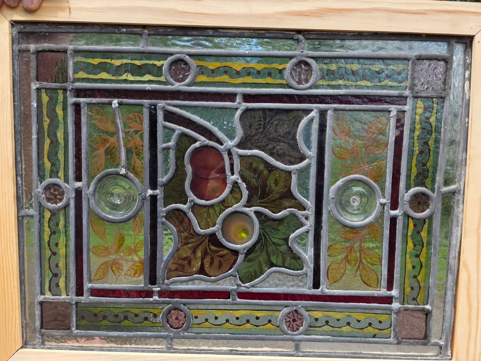 1890 Antique Leaded Glass Window With Hand Painted Fruit Design And Clear... photo vinterior