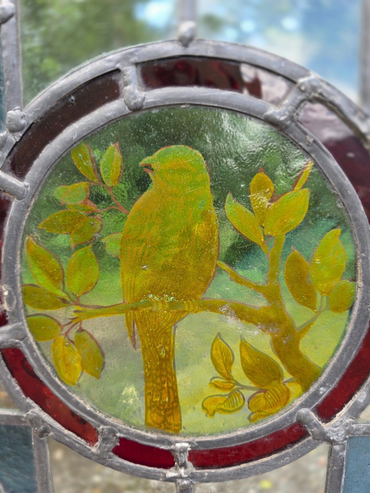 1910 Antique Leaded Glass Window With Bird On A Branch And Amber Bullseyes... photo for sale