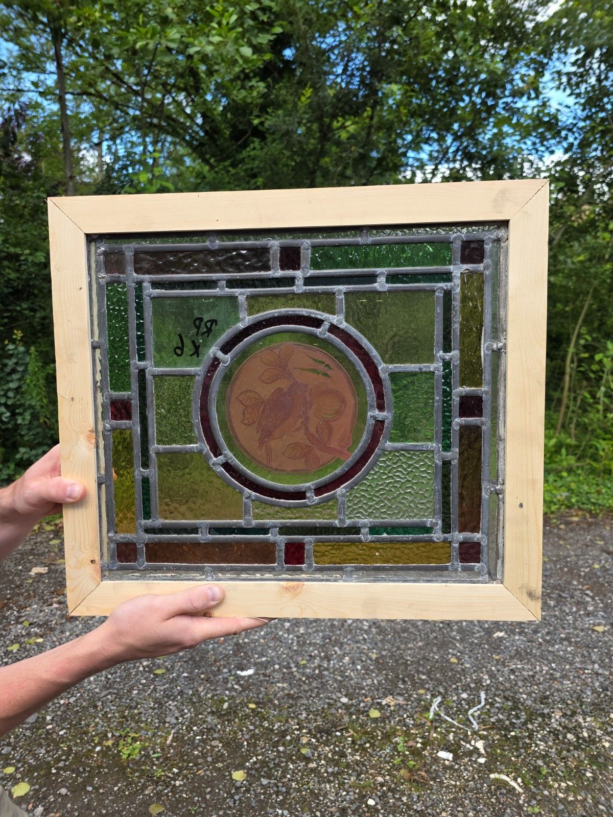 1910 Antique Leaded Glass Window With Bird On A Branch photo furniture