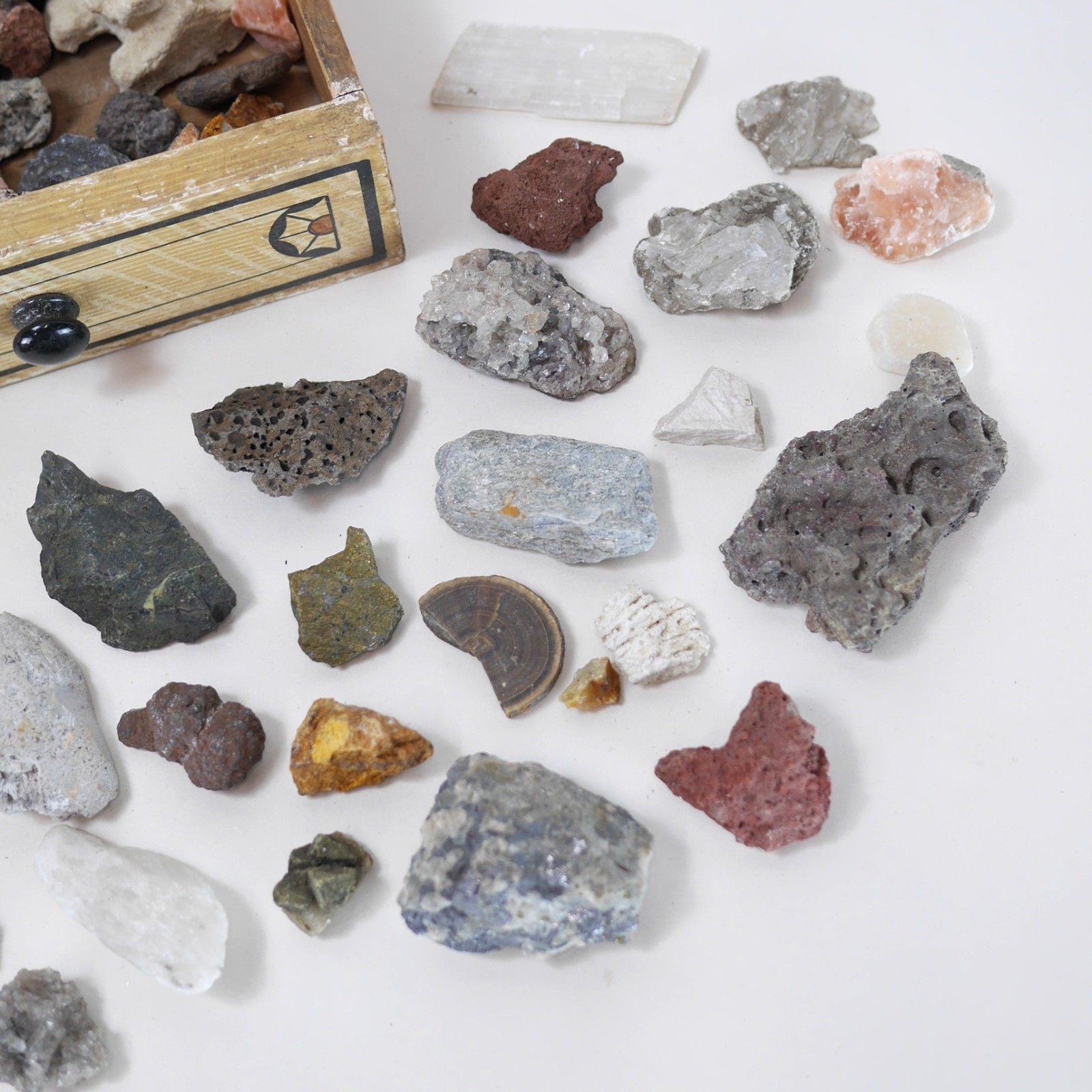 Vintage Collection Rocks Geodes Minerals Stones Crystals Wood Drawer #102946 photo 95.0