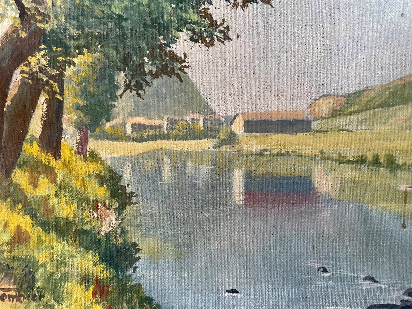 Vintage Oil Painting Village River Landscape Canvas With Wooden Frame! Vintage photo furniture