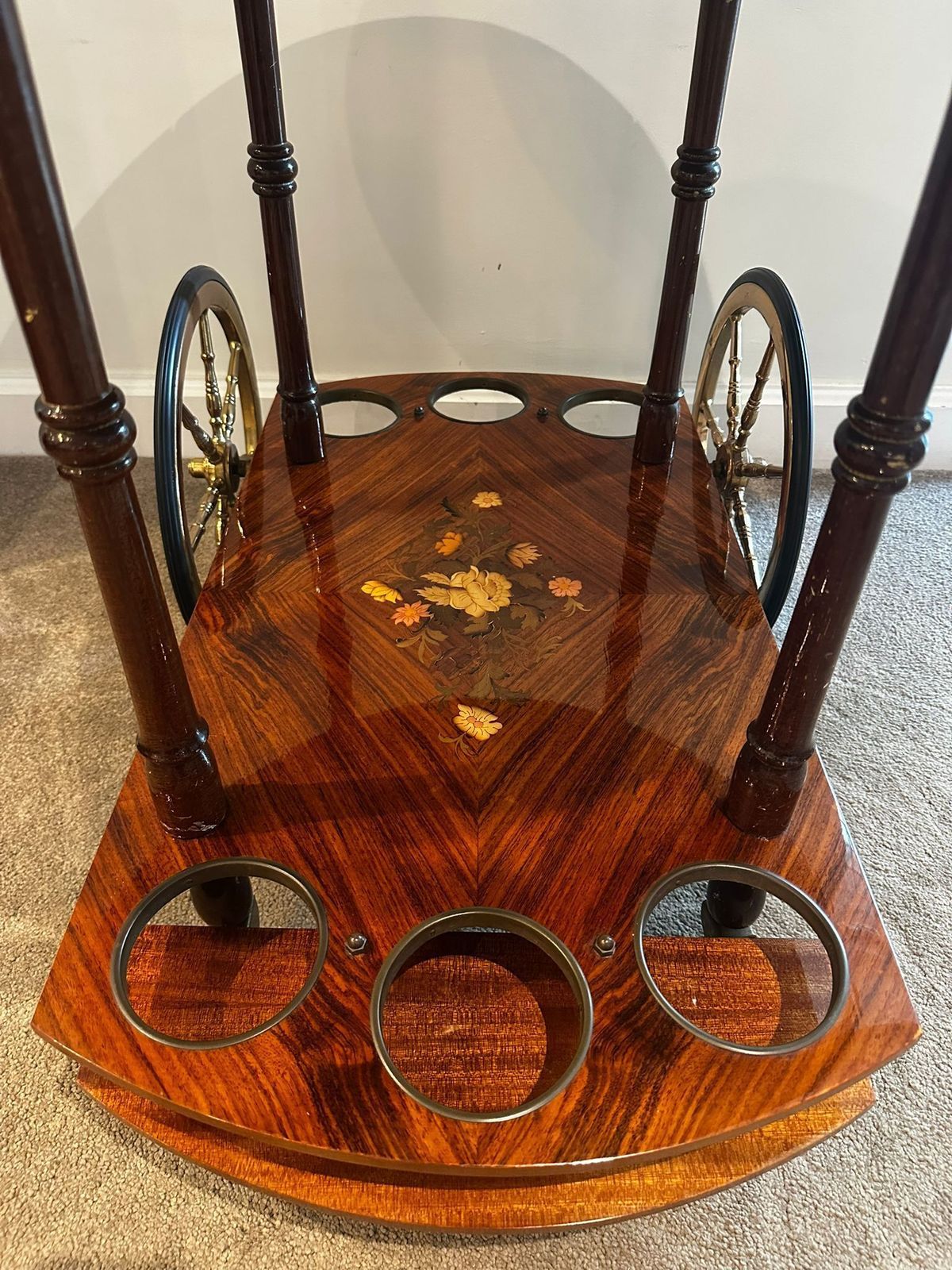Serving Drink Bar Cart Trolley With Side Flaps, Marquetry Inlays, 1970s.