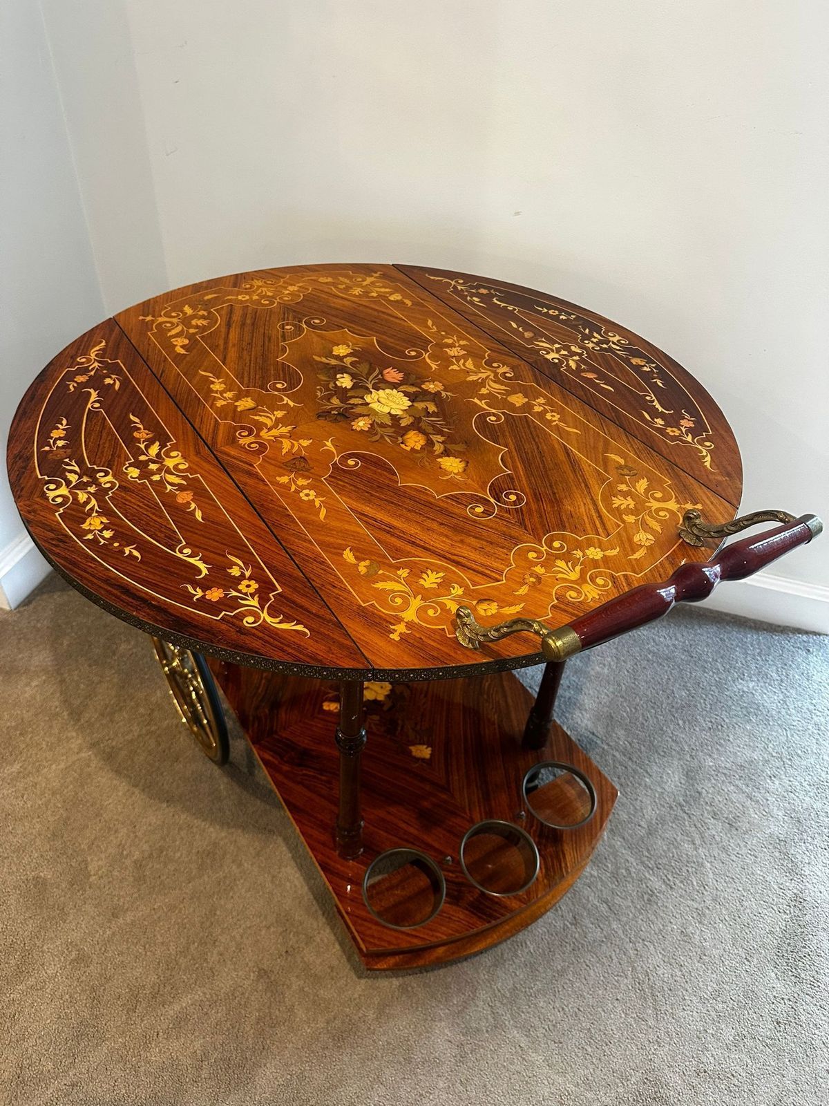Serving Drink Bar Cart Trolley With Side Flaps, Marquetry Inlays, 1970s. photo buy
