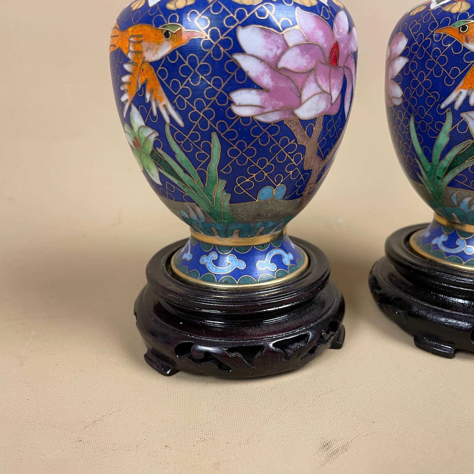 Pair Of 2 Oriental Chinese Cloisonne Handmade Vase Floral Decorative Pot Antique Metal Gold Enamel Painted Flower Blue Pink Wooden Base photo vinterior
