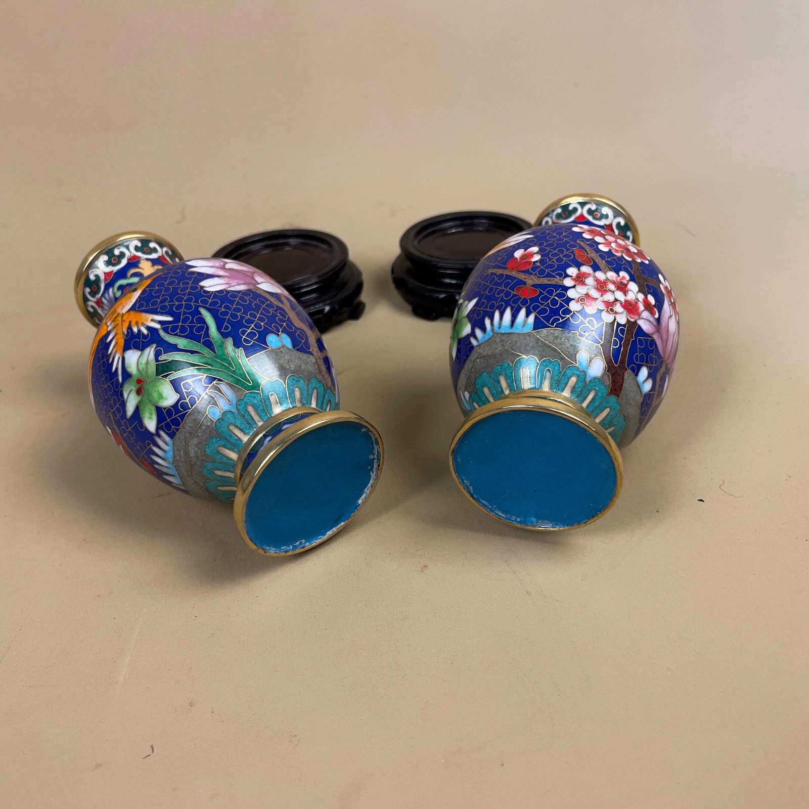 Pair Of 2 Oriental Chinese Cloisonne Handmade Vase Floral Decorative Pot Antique Metal Gold Enamel Painted Flower Blue Pink Wooden Base photo vintage