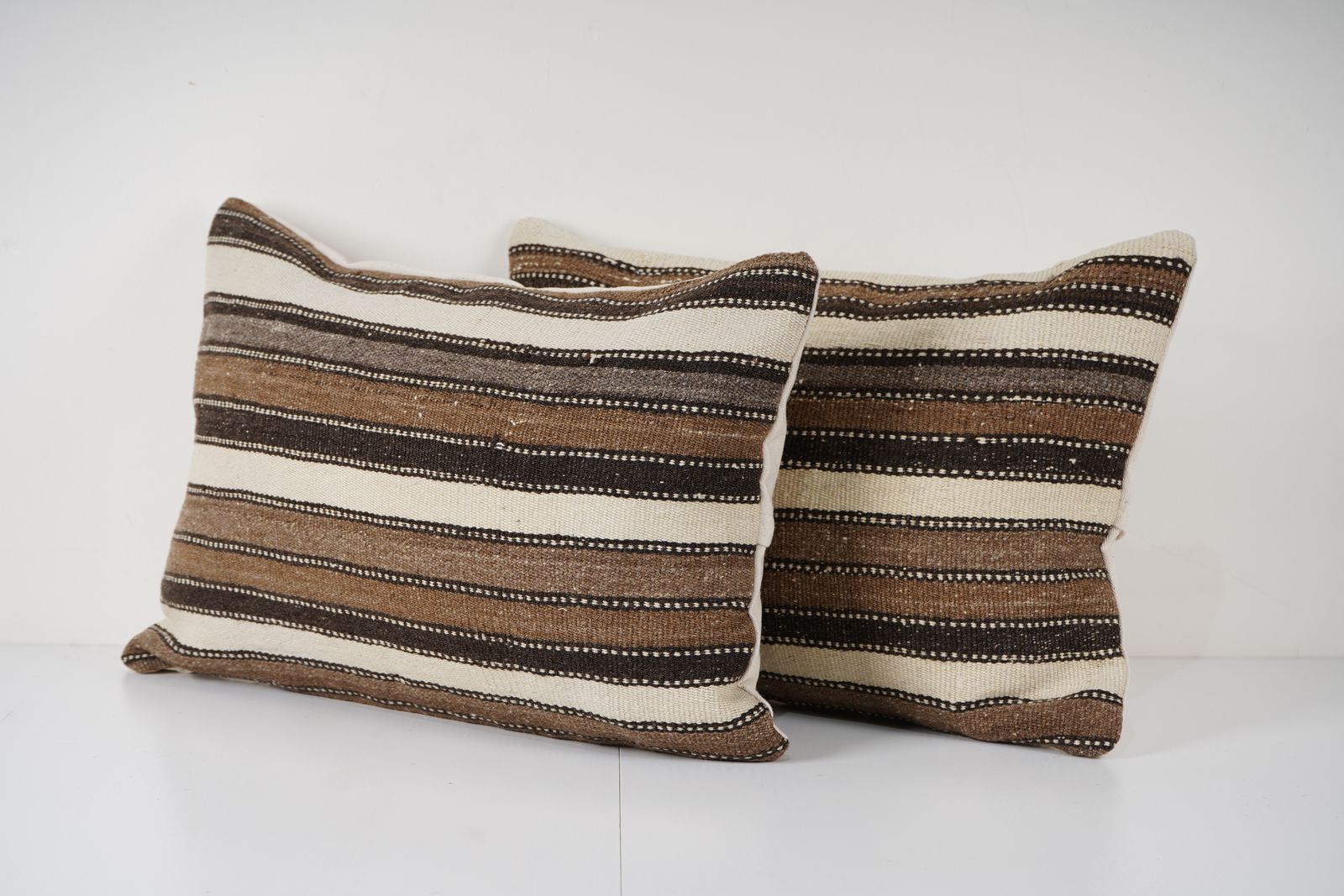 Turkish Hemp Kilim Pillow Cover, Set Of Two White Striped Anatolian Cushion Cover, Pair Organic Tribal Pillowcase photo for sale