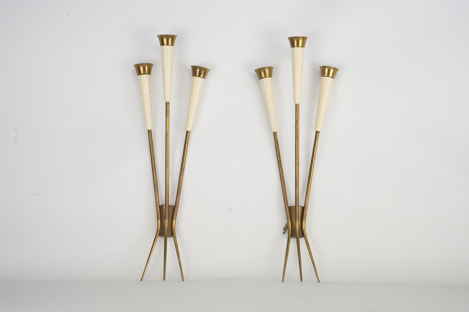 Mid Century Pair Of Large Brass Sconces Attributable To Stilnovo. Italy 1950s photo buy