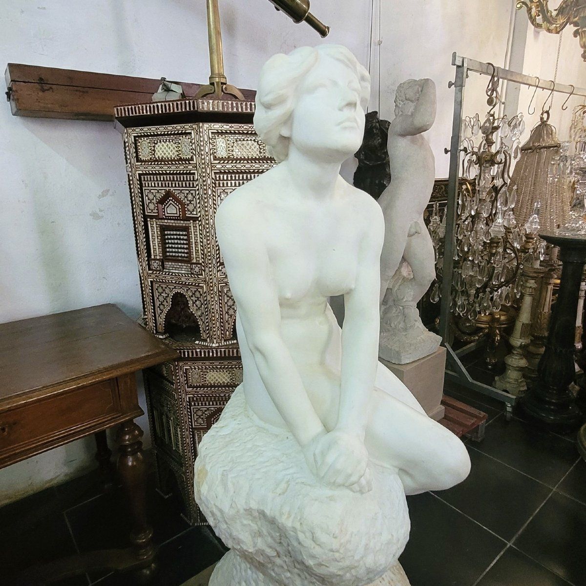 Large Bather On A Rock, Large White Marble (155cm), Late 19th Century photo for sale