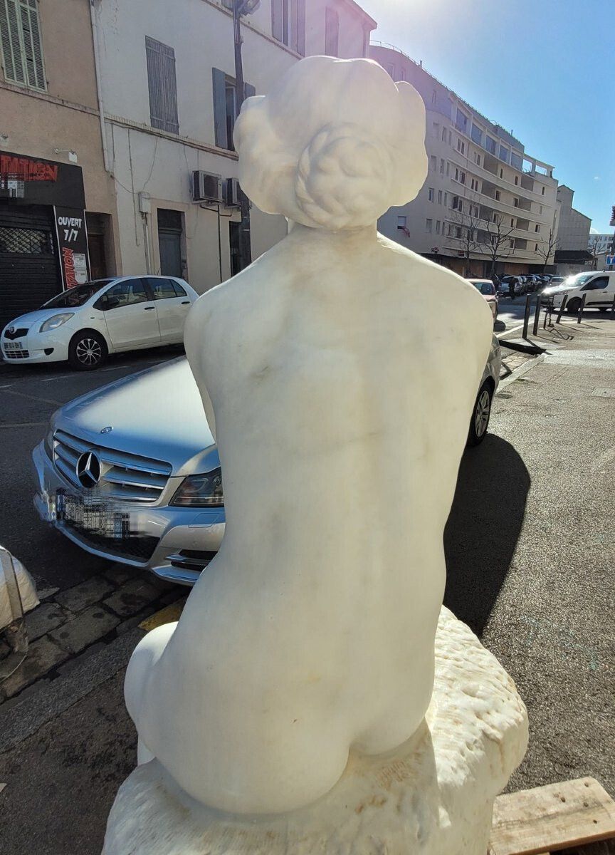 Large Bather On A Rock, Large White Marble (155cm), Late 19th Century photo vintage