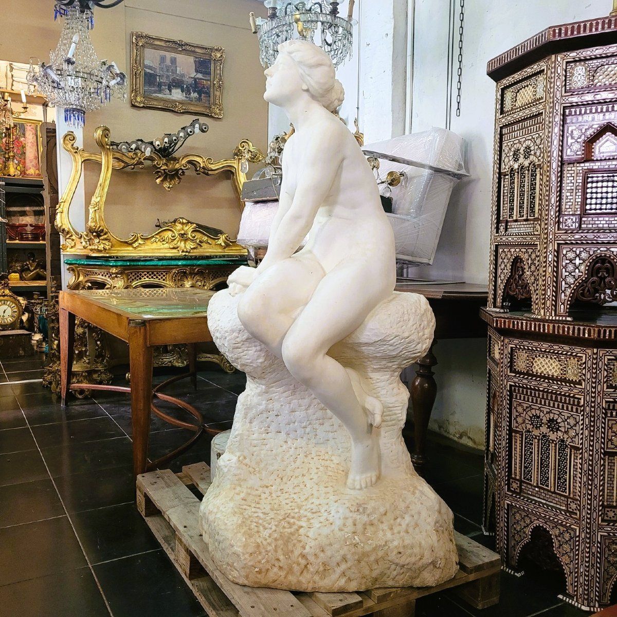 Art Large Bather On A Rock, Large White Marble (155cm), Late 19th Century photo