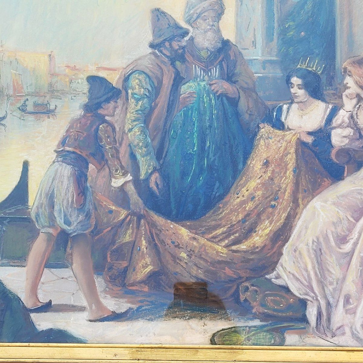 Fabric Merchants In Venice, Framed Pastel, Early 20th Century photo 3200.0