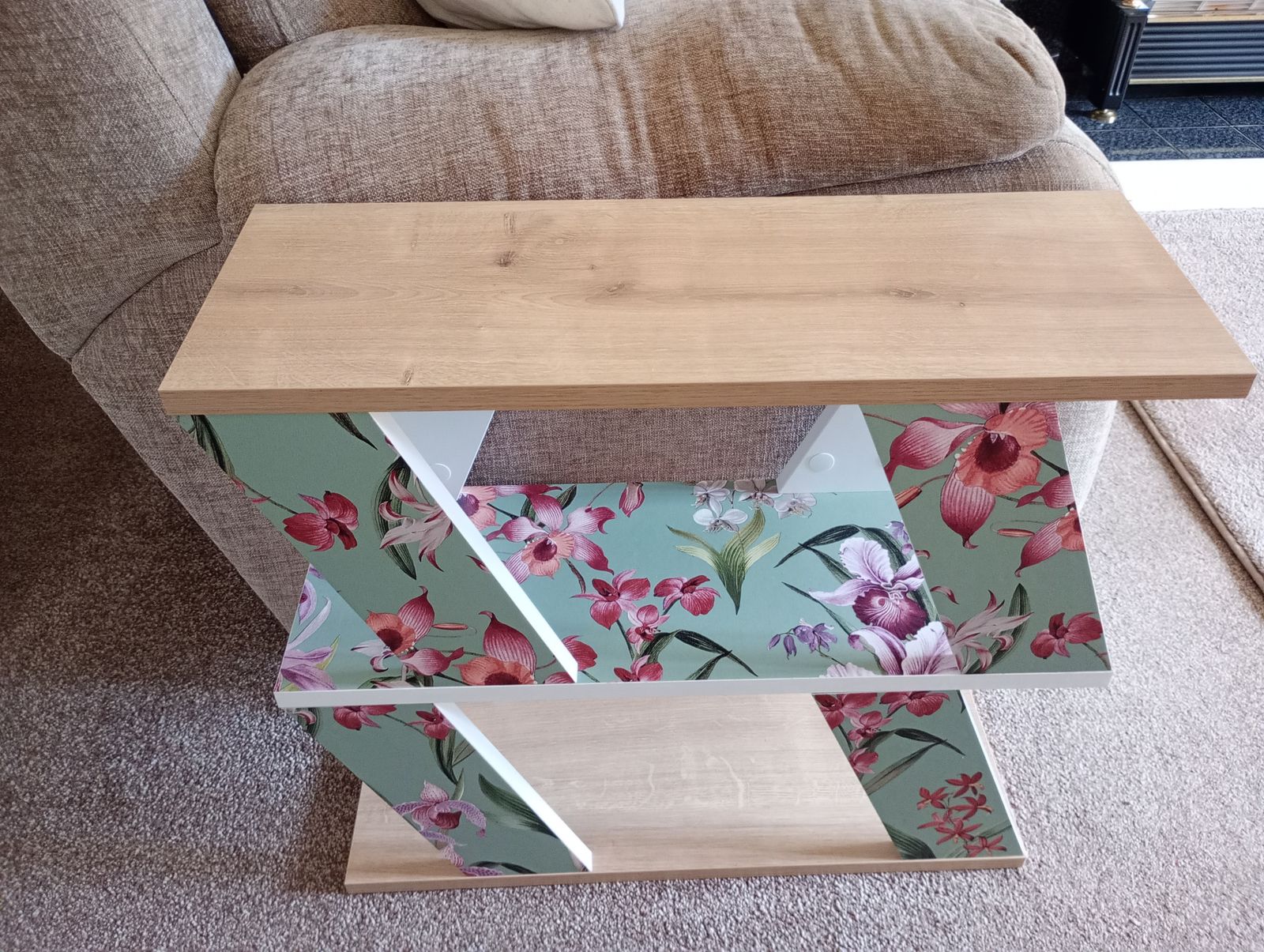 Three Shelved White And Wood Effect Bookcase/Table With Water Colour And Jade Green Applied Paper. photo furniture
