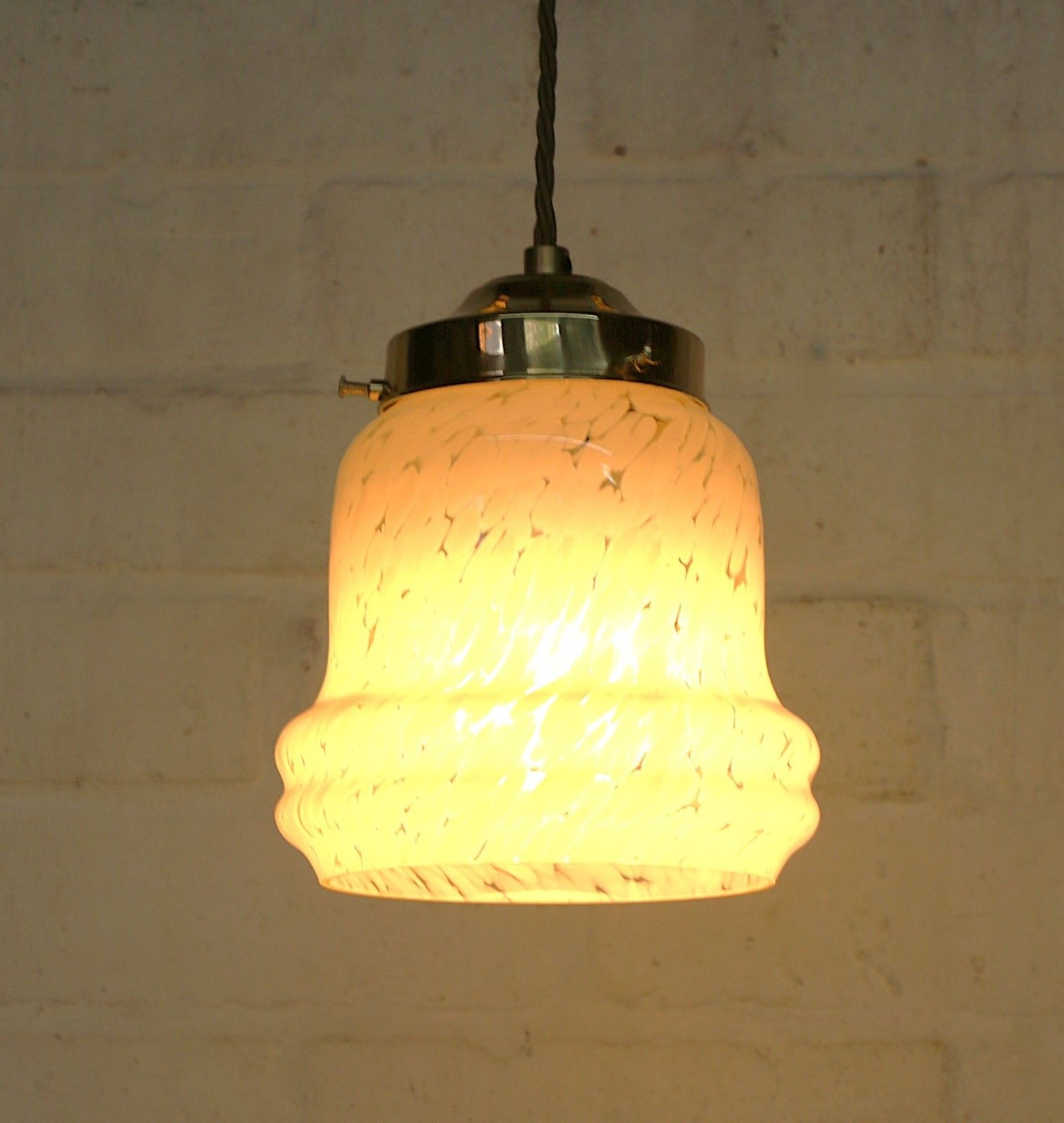 Ceiling Light Antique Art Deco Yellow Glass Pendant With Gallery & Fittings photo for sale