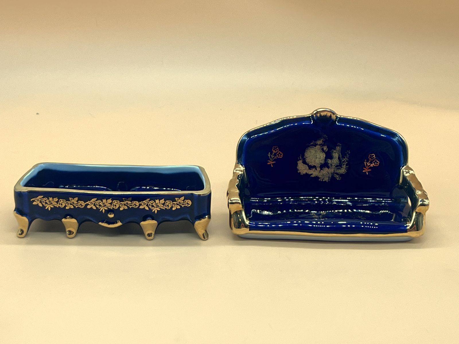 Set Of Limoges Porcelain Cobalt & Gold Sofa And 2 Chairtrinket / Jewelry Boxes. photo furniture