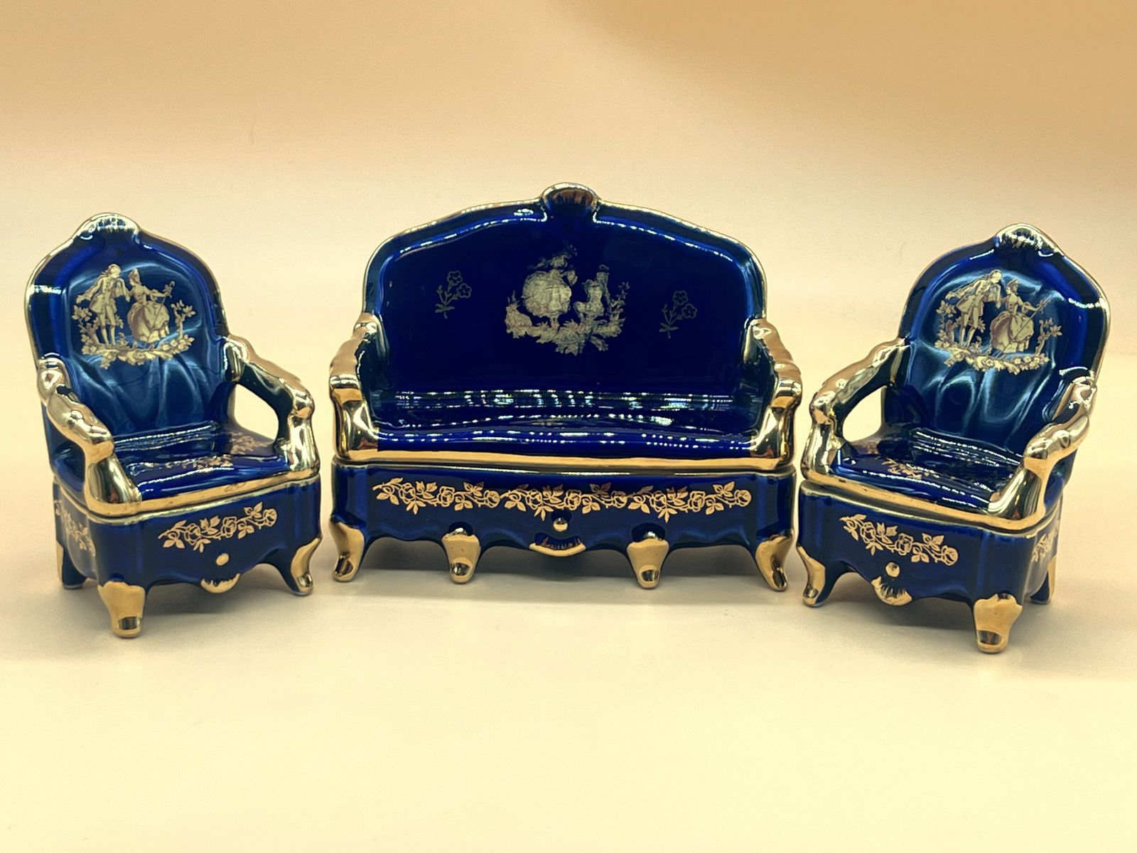 Set Of Limoges Porcelain Cobalt & Gold Sofa And 2 Chairtrinket / Jewelry Boxes.
