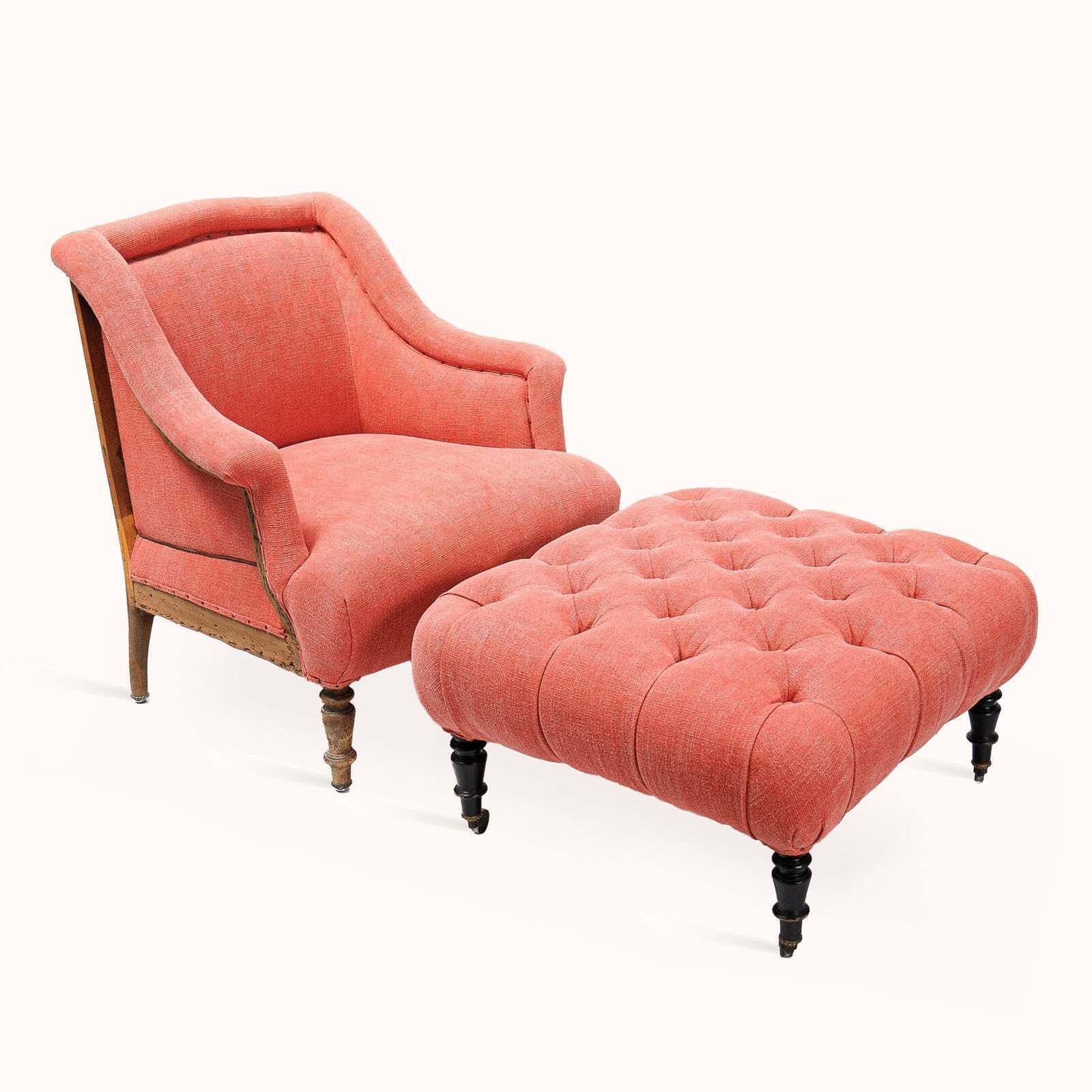 Napoleon III Coral Linen Salon Chair & Tufted Footstool