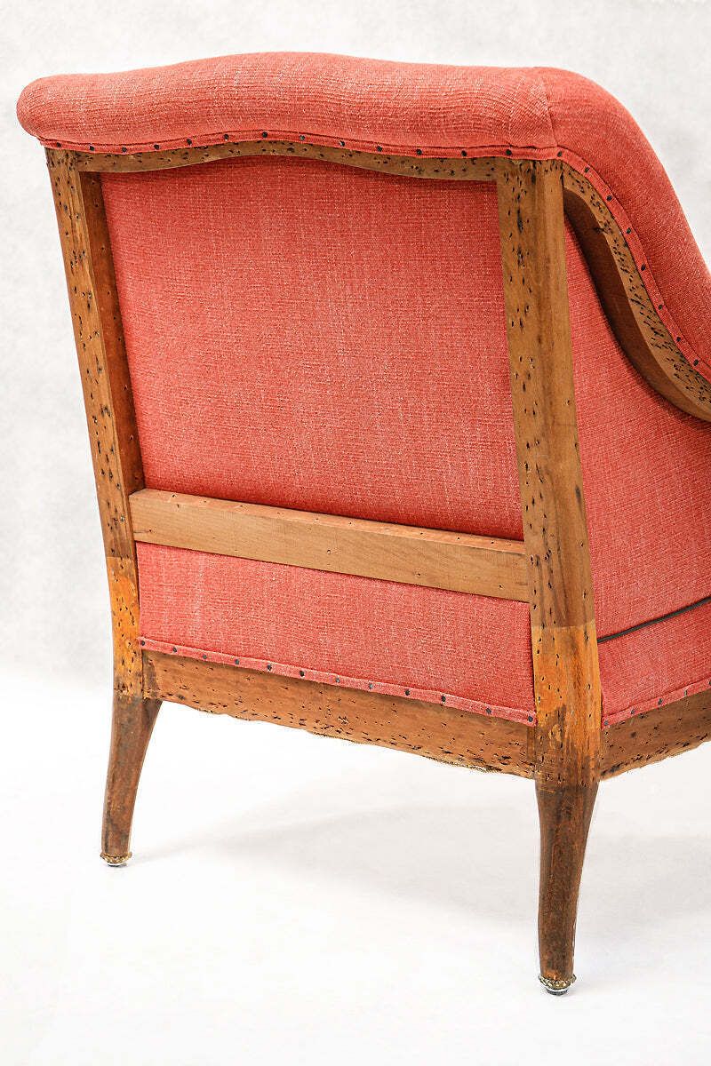 Napoleon III Coral Linen Salon Chair & Tufted Footstool photo vinterior